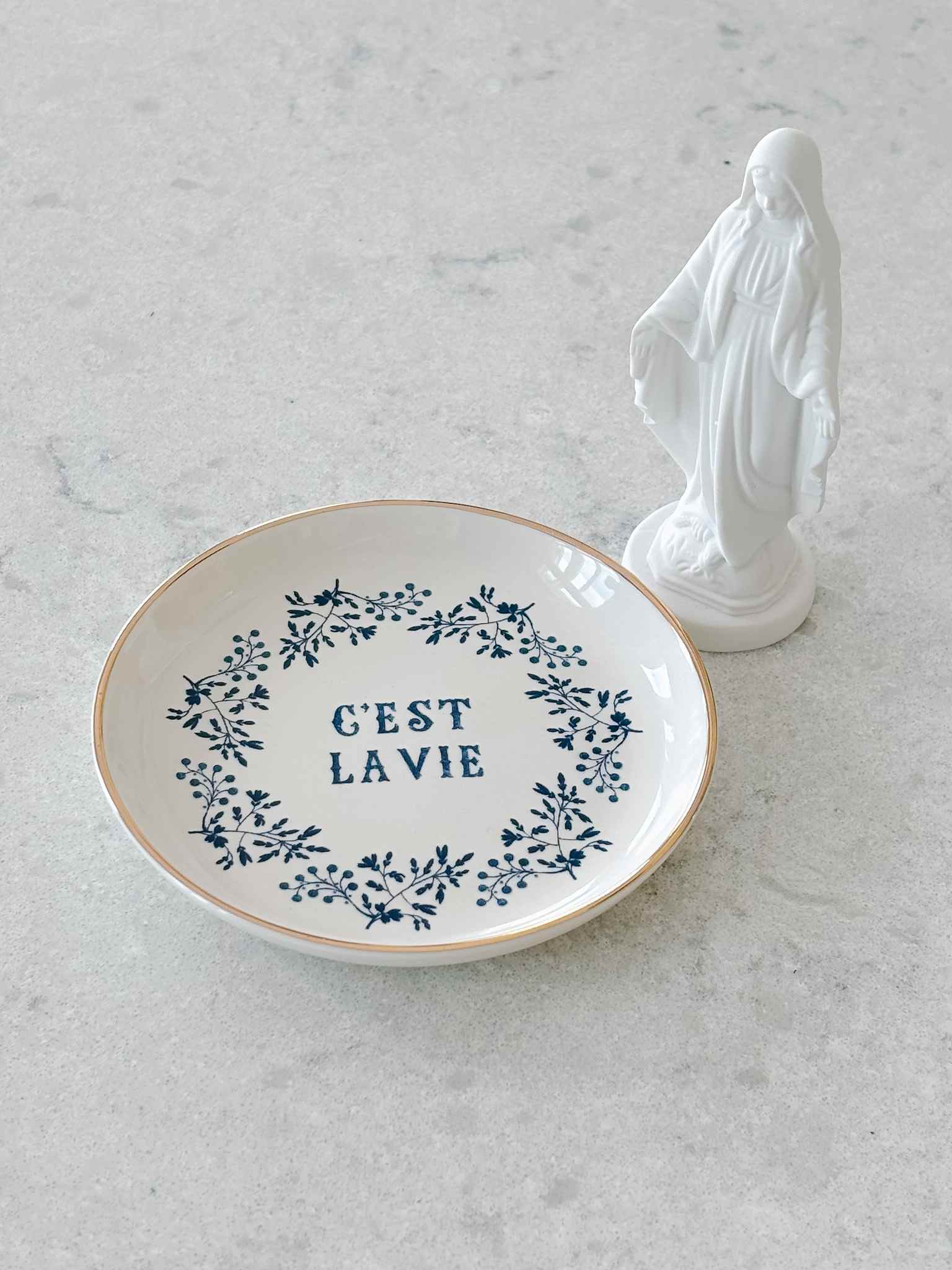 Elegant Jewelry Dish - C'est La Vie Ceramic Ring Holder & Trinket Tray - Perfect for Bathroom Vanity, Bedroom Dresser, and Wedding Gift