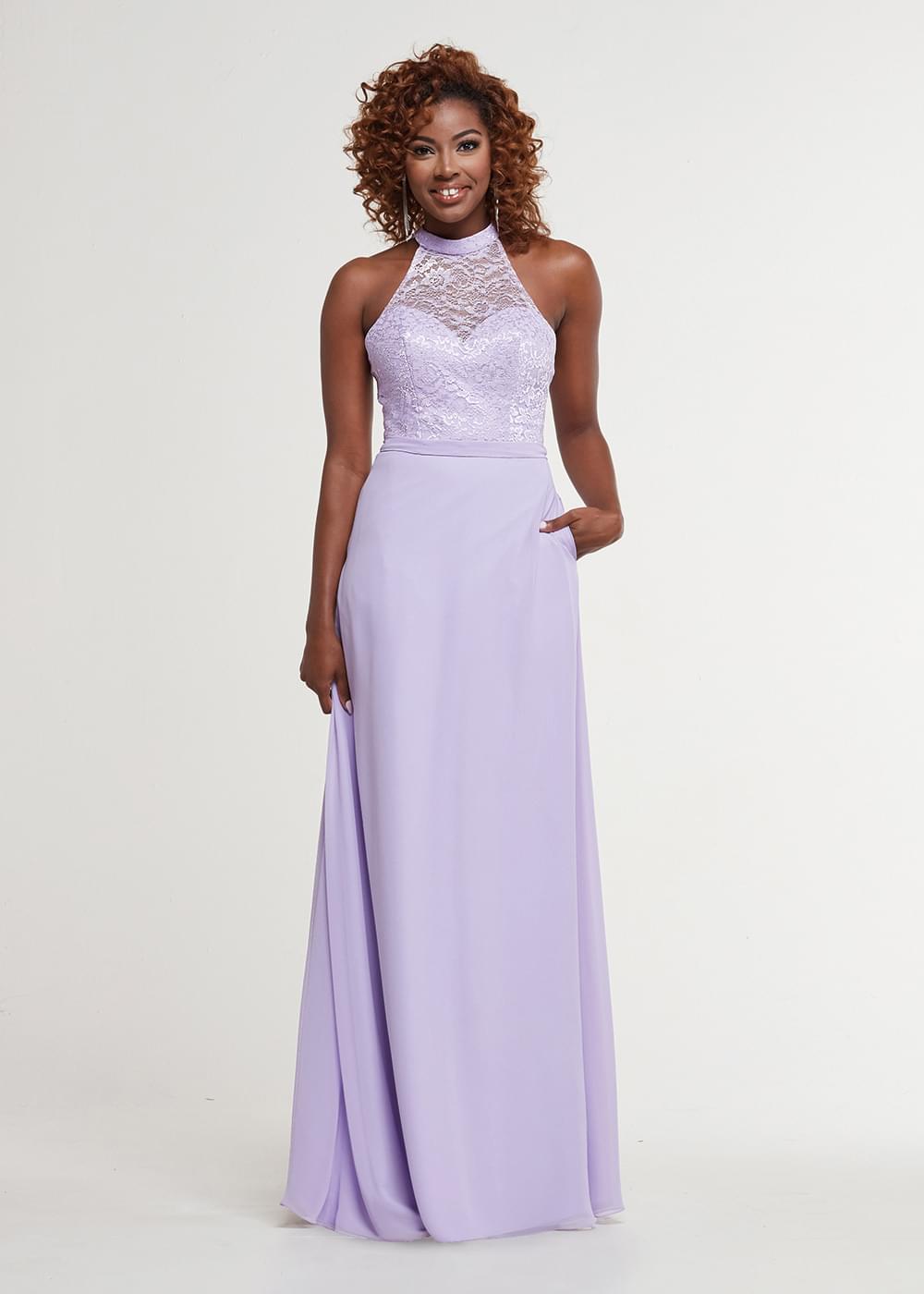 Elegant 80165 Chiffon A-Line Bridesmaid Dress with Lace Halter Neckline - Perfect for Weddings, Formal Events & Special Occasions