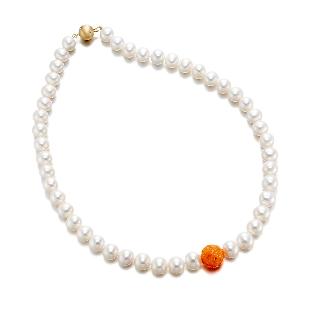 8.5mm Pearl & Orange Jade Dragon Ball Necklace for Women - Elegant Beaded Jewelry Gift for Birthday, Anniversary, Party & Special Occasions