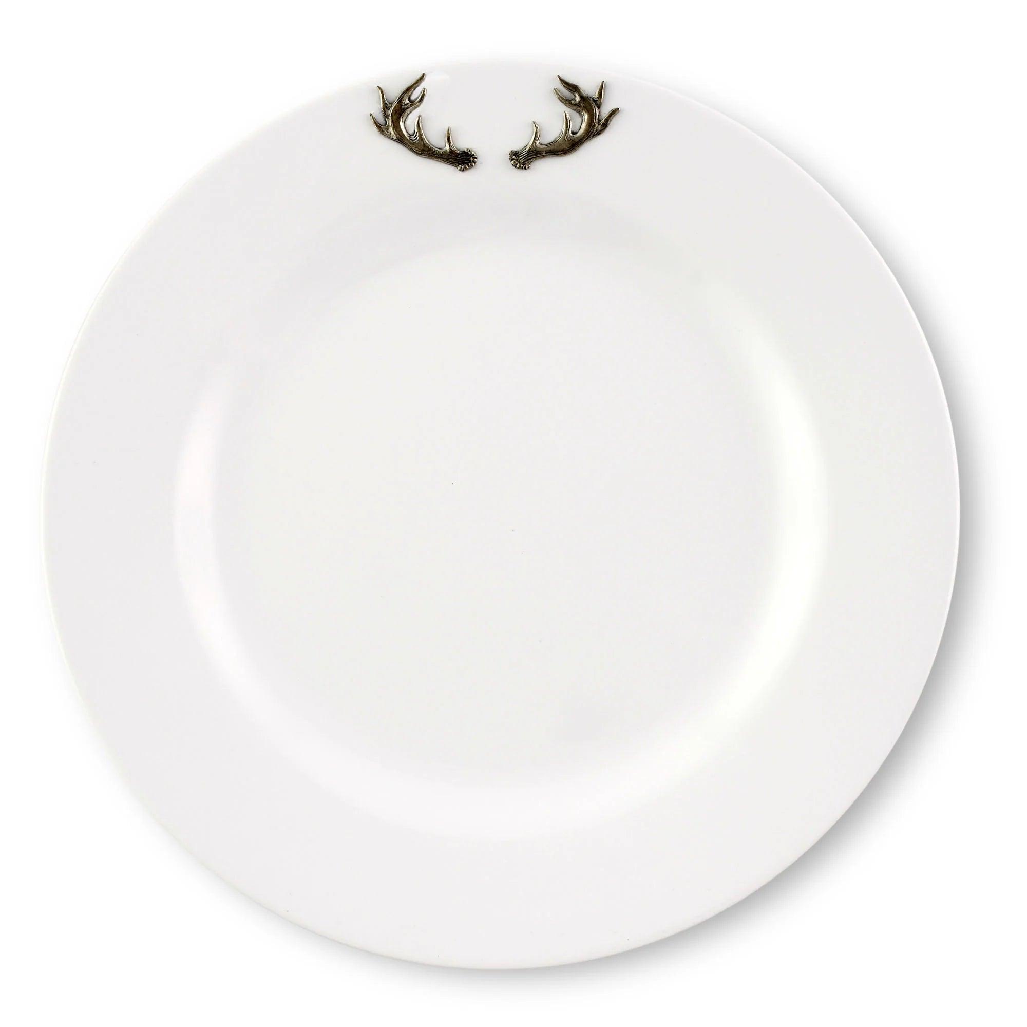 Premium White Melamine Dinner Plates Set of 10 with Elegant Pewter Antler Design - Perfect for Rustic Weddings, Holiday Gatherings & Cabin Dining