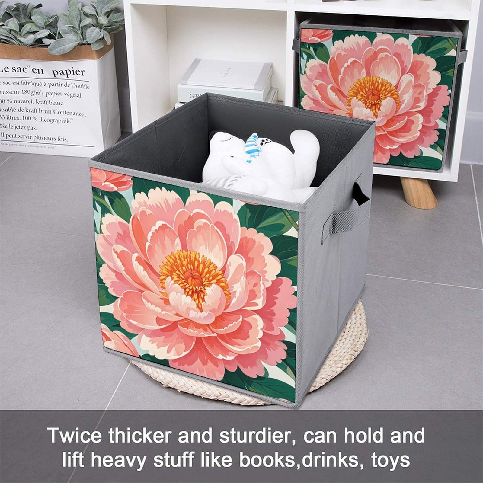 2PCS Collapsible Storage Bins with Handles - Peach Peony Print for Shelves & Home Organization
