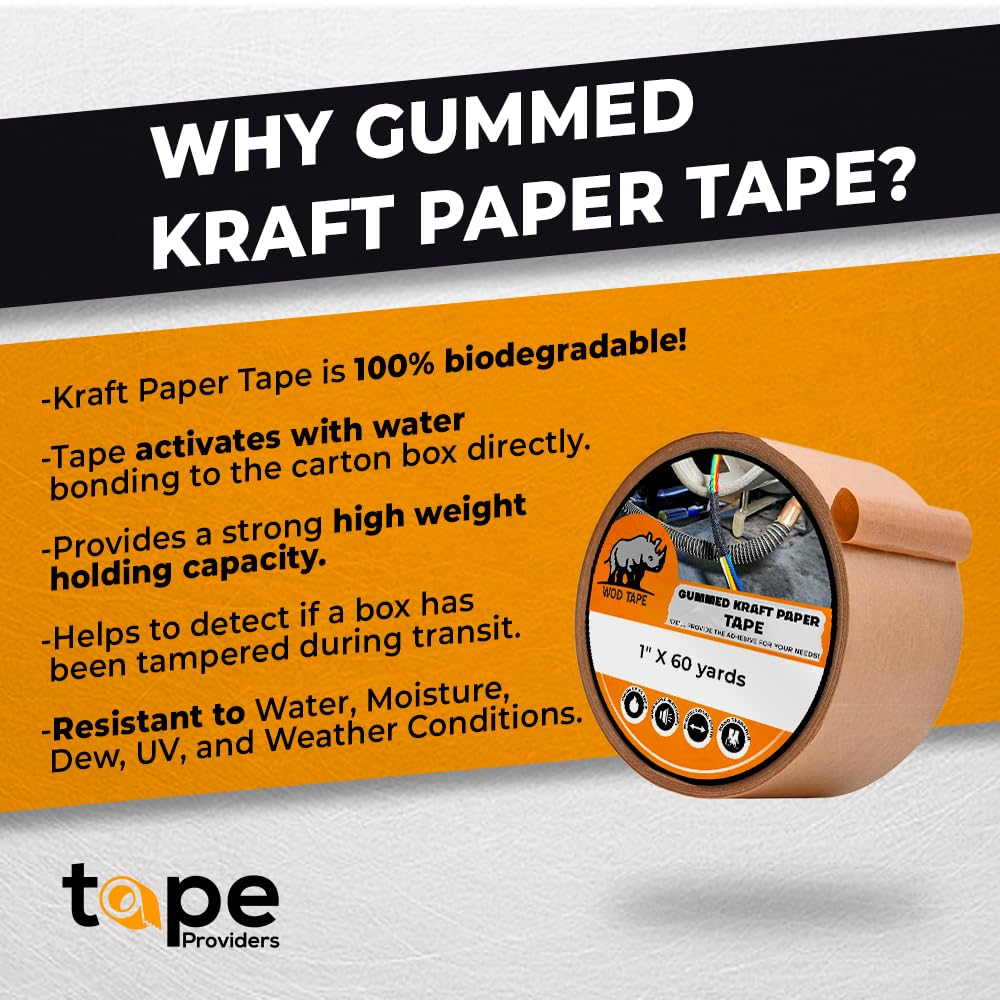 WOD WATWTE Reinforced Water Activated Kraft Tape - 2.75 inch (70mm) x 375 ft - Strong Fiberglass Packing Tape for Shipping Boxes, Moving & Storage - 8 Pack - Ideal for E-commerce, Warehouse & Postal Sealing