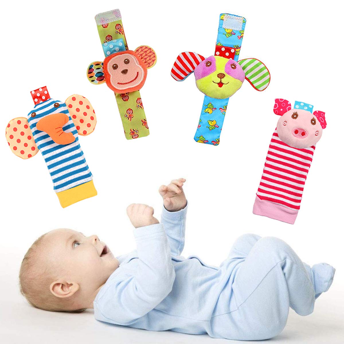WANTMAZOR Baby Foot Finders & Wrist Rattles - Soft Infant Developmental Toys for 0-6 Months | Sensory Texture Socks & Wristbands for Newborn Girls & Boys | Perfect for Tummy Time, Stroller & Nursery Play