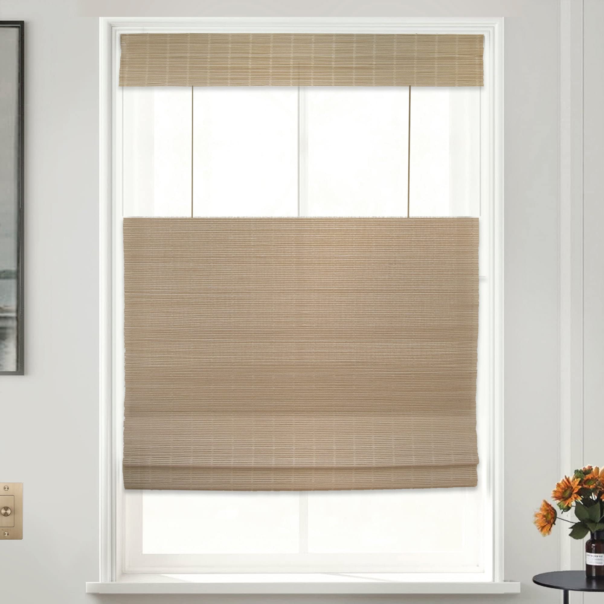 Custom Bamboo Roman Shades - Cordless Top Down Bottom Up Modern Window Treatment | Natural Woven Sheer Fabric | 48.5
