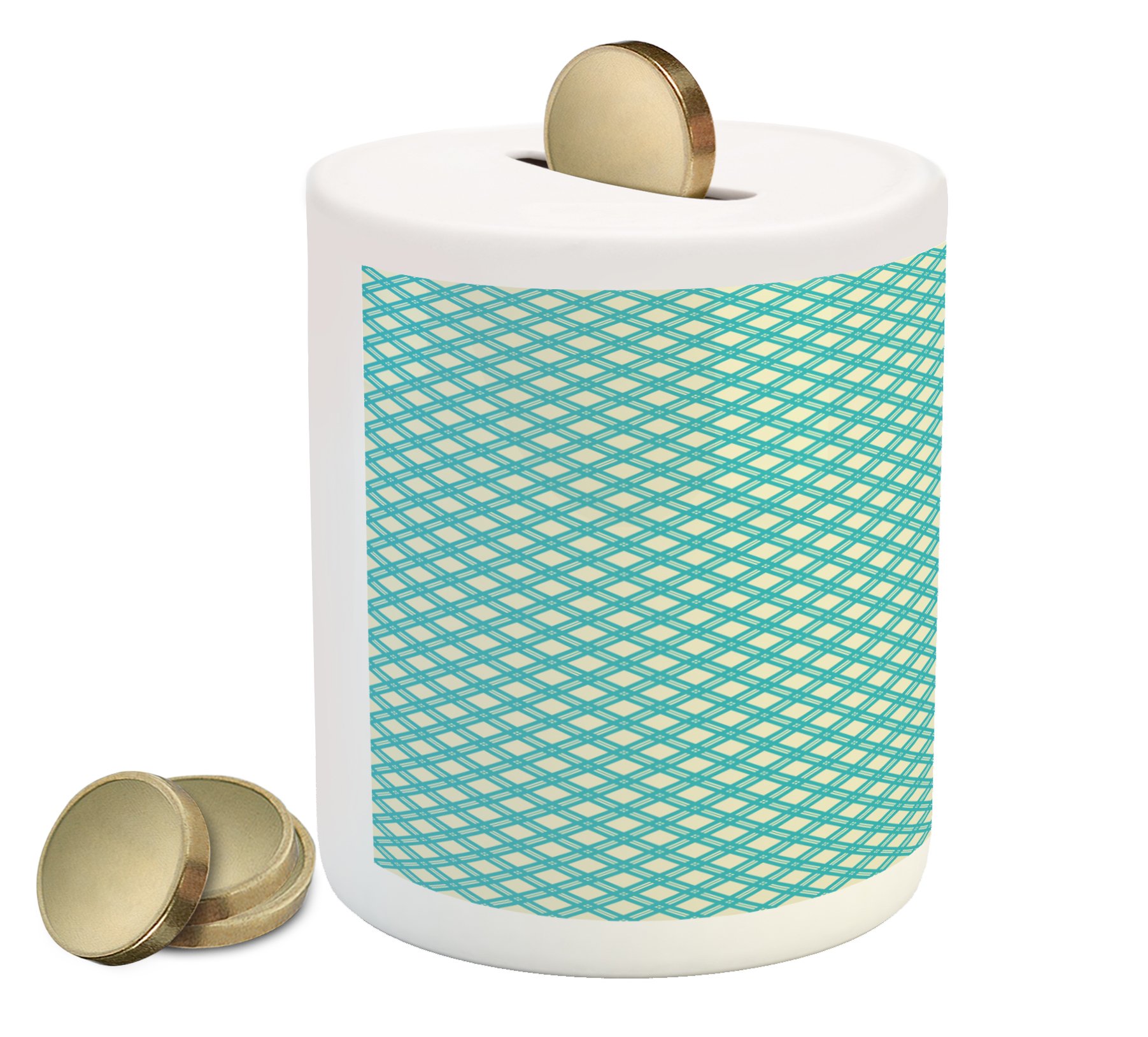 Ambesonne Retro Ceramic Piggy Bank - Aqua Monochrome Checked Geometric Tile Design Coin Money Box for Cash Savings (Turquoise & Ivory) | Perfect for Kids' Allowance, Gift Giving & Home Decor