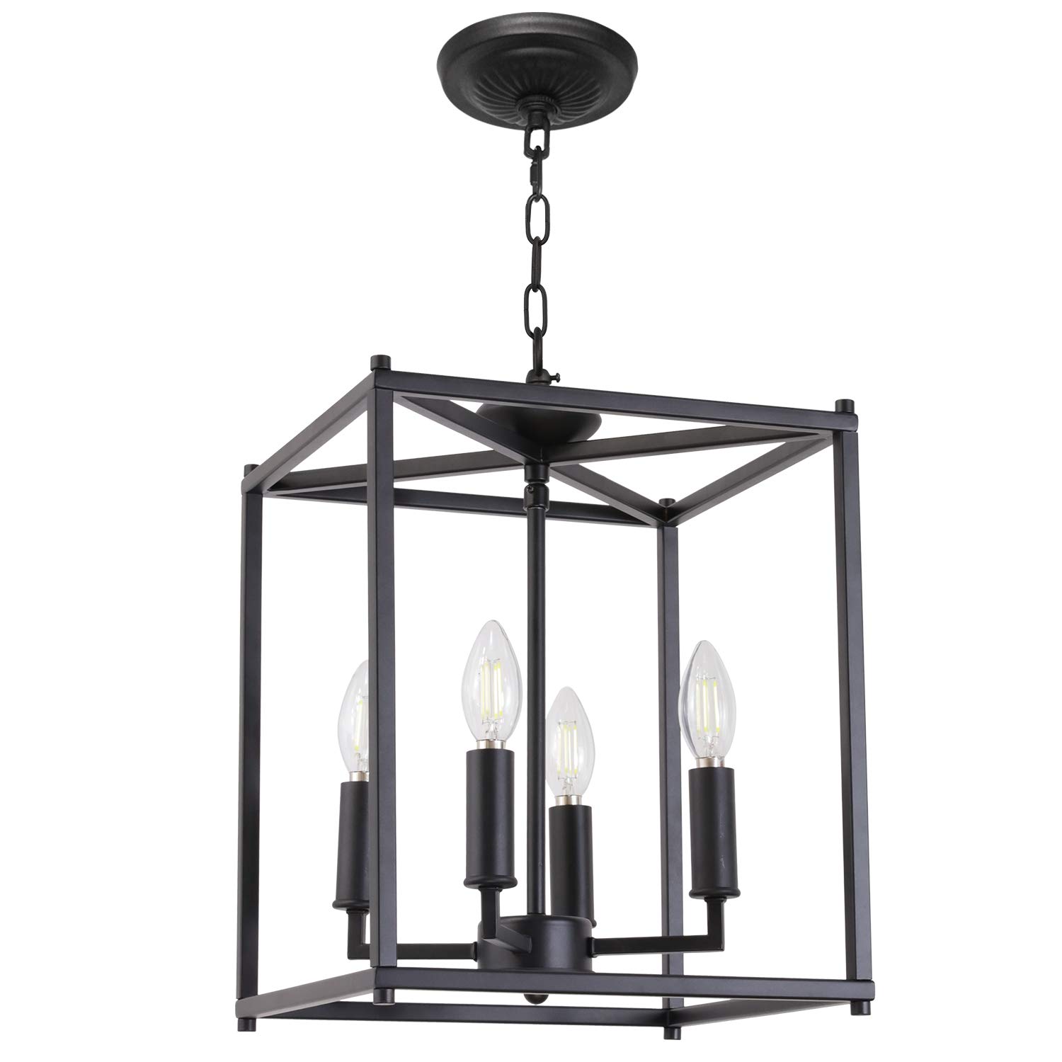 4-Light Farmhouse Chandelier - Matte Black Pendant Lighting Fixture for Dining Room, Kitchen Island, Foyer & Indoor Entryway | Rustic Lantern Hanging Light for Home Decor & Interior Design