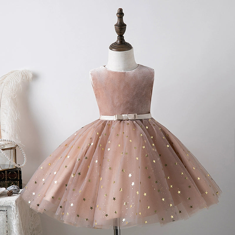Champagne Princess Round Tea Length Tulle Flower Girl Dress for Weddings, Birthday Parties & Special Occasions