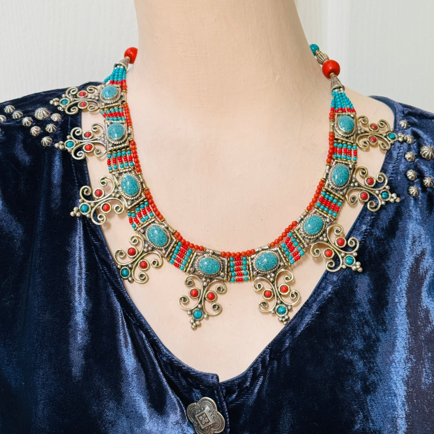 Handmade Tibetan Alpaca Silver Necklace with Turquoise & Coral Beads - Boho Chic Jewelry for Women, Perfect for Festivals, Weddings & Special Occasions