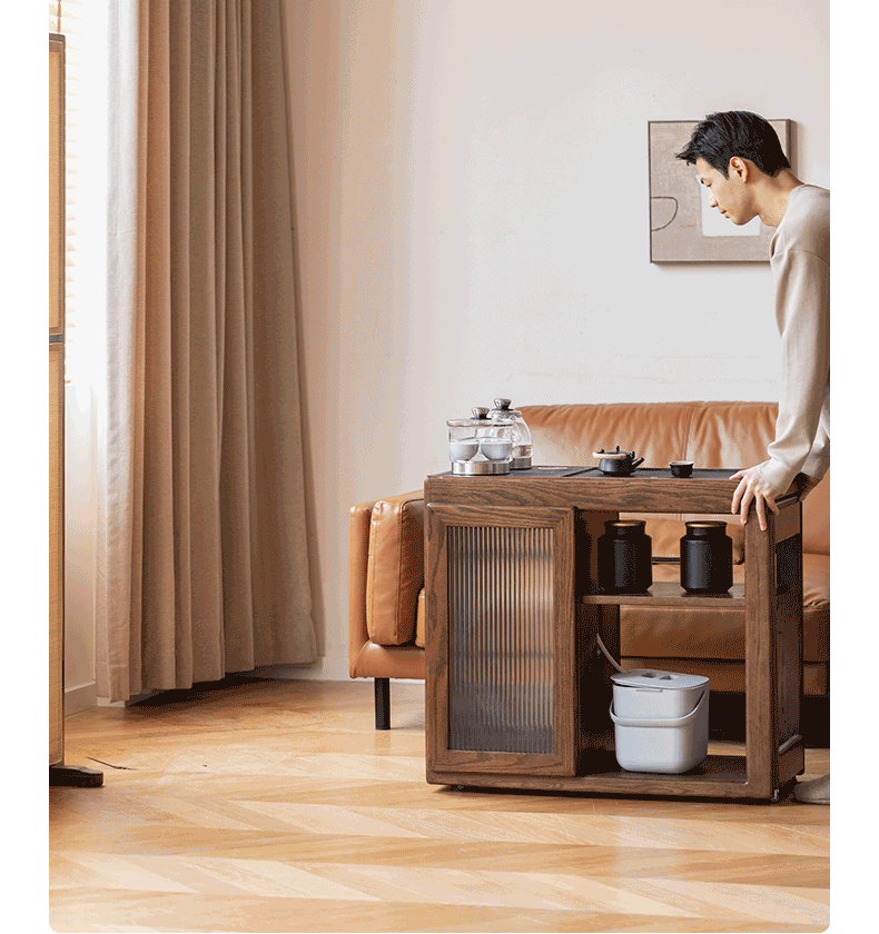 Solid Oak Retractable Tea Table with Built-in Tea Maker - Perfect for Living Room, Patio, and Outdoor Tea Ceremonies