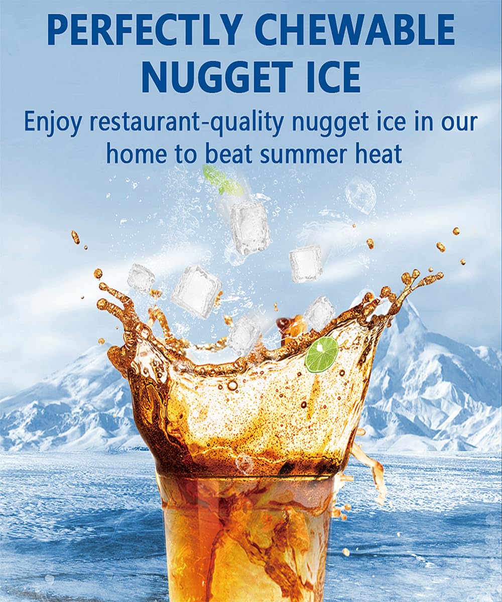 Portable Nugget Ice Maker Machine - 33lbs/Day, Self-Cleaning Countertop Ice Maker with Handle, Stainless Steel - Perfect for Home, Office, and Outdoor Use