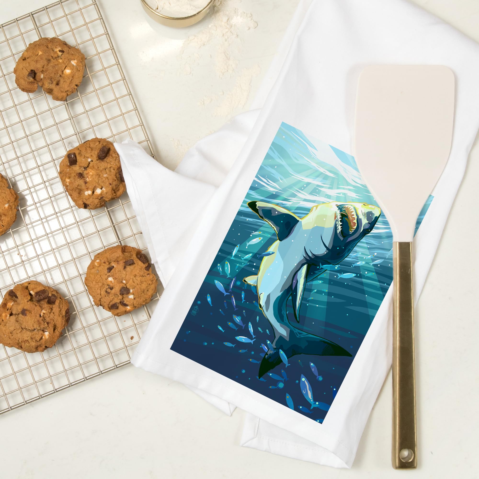 Stylized Great White Shark Tea Towel - 100% Cotton Decorative Hand Towel for Kitchen & Home - Perfect for Dish Drying, Gift Giving & Coastal Themed Decor