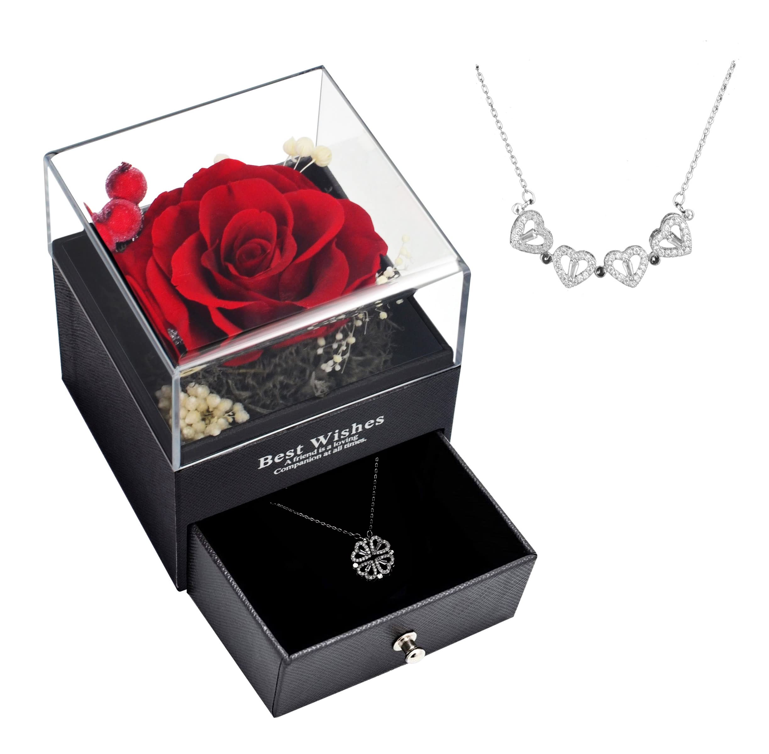 JKENJOY Eternal Preserved Real Rose in Jewelry Box - Handmade Romantic Gift with Necklace for Valentine's Day, Christmas, Mother's Day (Red) - Perfect for Anniversary Surprises, Wedding Favors & Home Decor