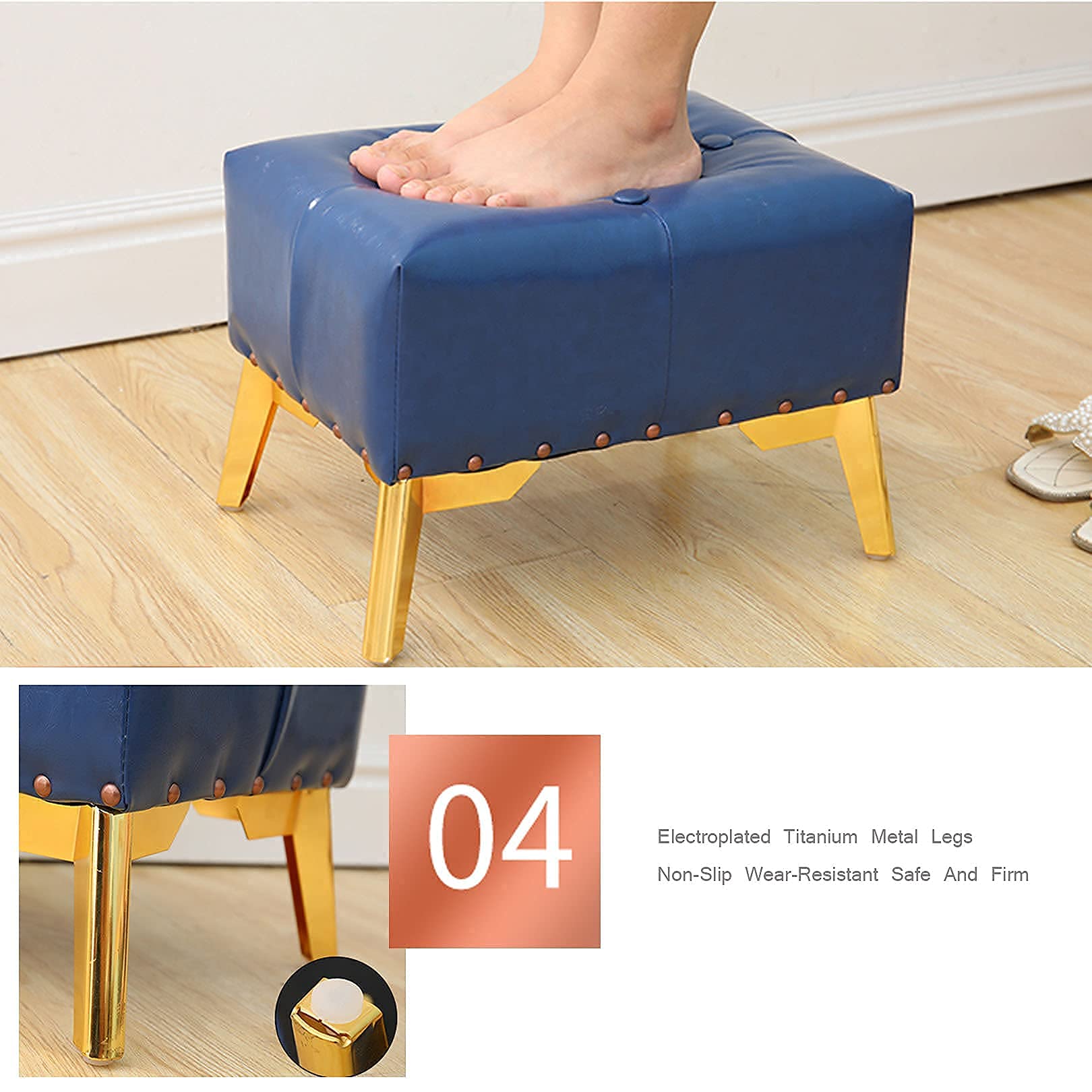 Blue PU Wooden Footstool - Versatile Sofa Stool & Shoe Changing Stool for Living Room, Study, Bedroom & Dining Room Decor | Comfortable Home Seating Solution