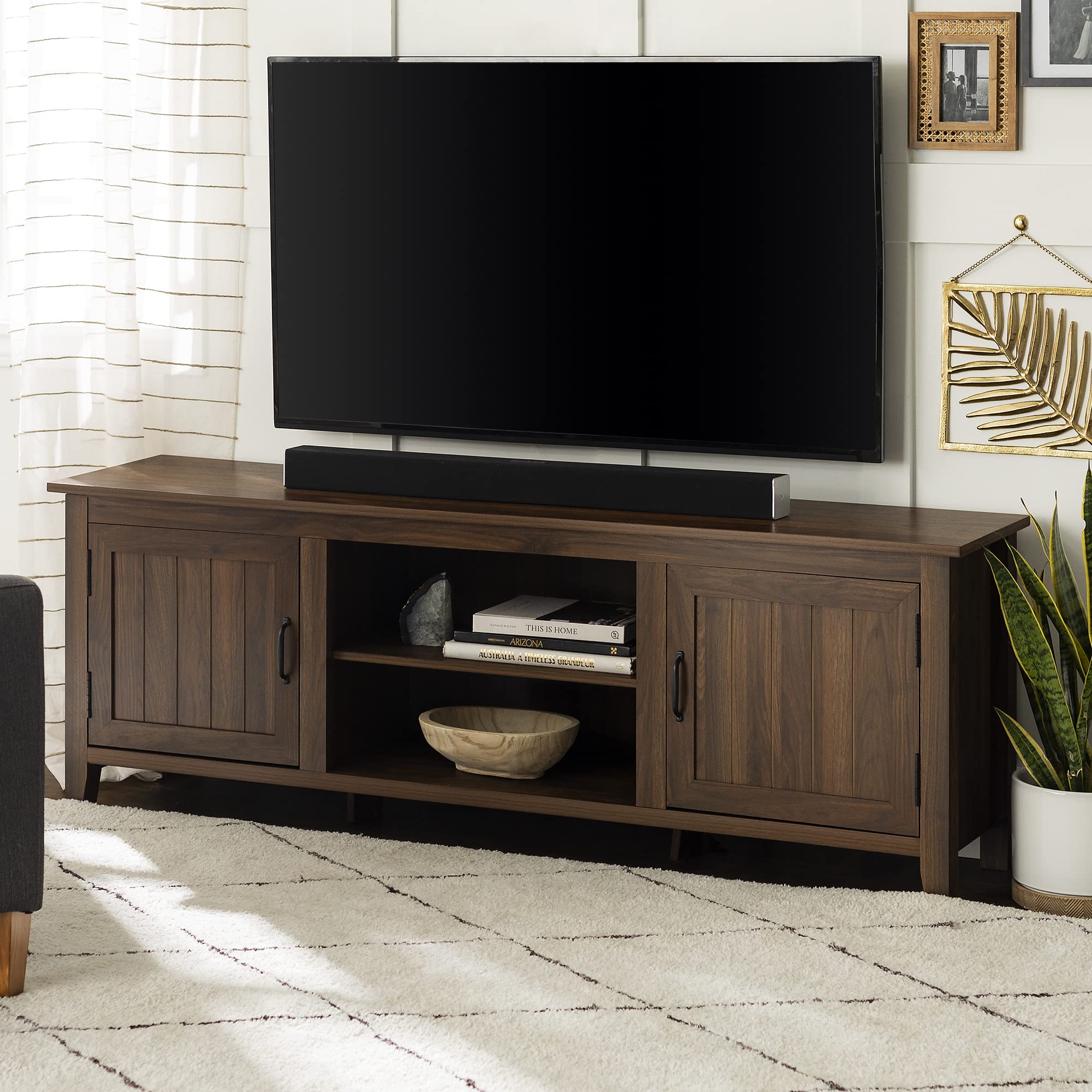 Walker Edison Ashbury Coastal Style Grooved Door TV Stand for 70-80 Inch TVs, Dark Walnut - Perfect for Living Rooms, Bedrooms & Coastal-Themed Home Decor