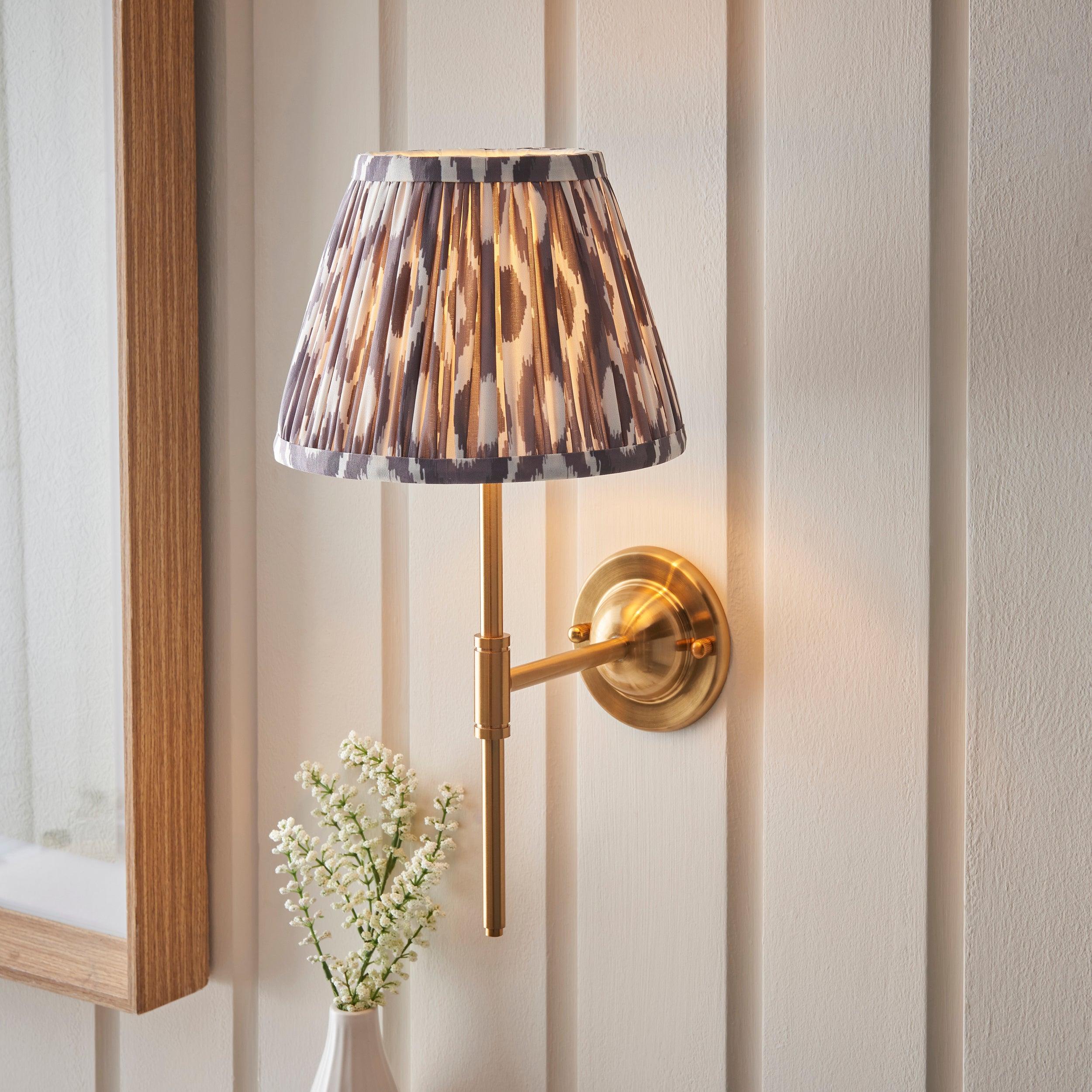 Vintage Dome T Bar Brass Wall Light with Ikat 20cm Pearl Grey Shade - Elegant Sconce for Bedroom, Hallway & Living Room Lighting