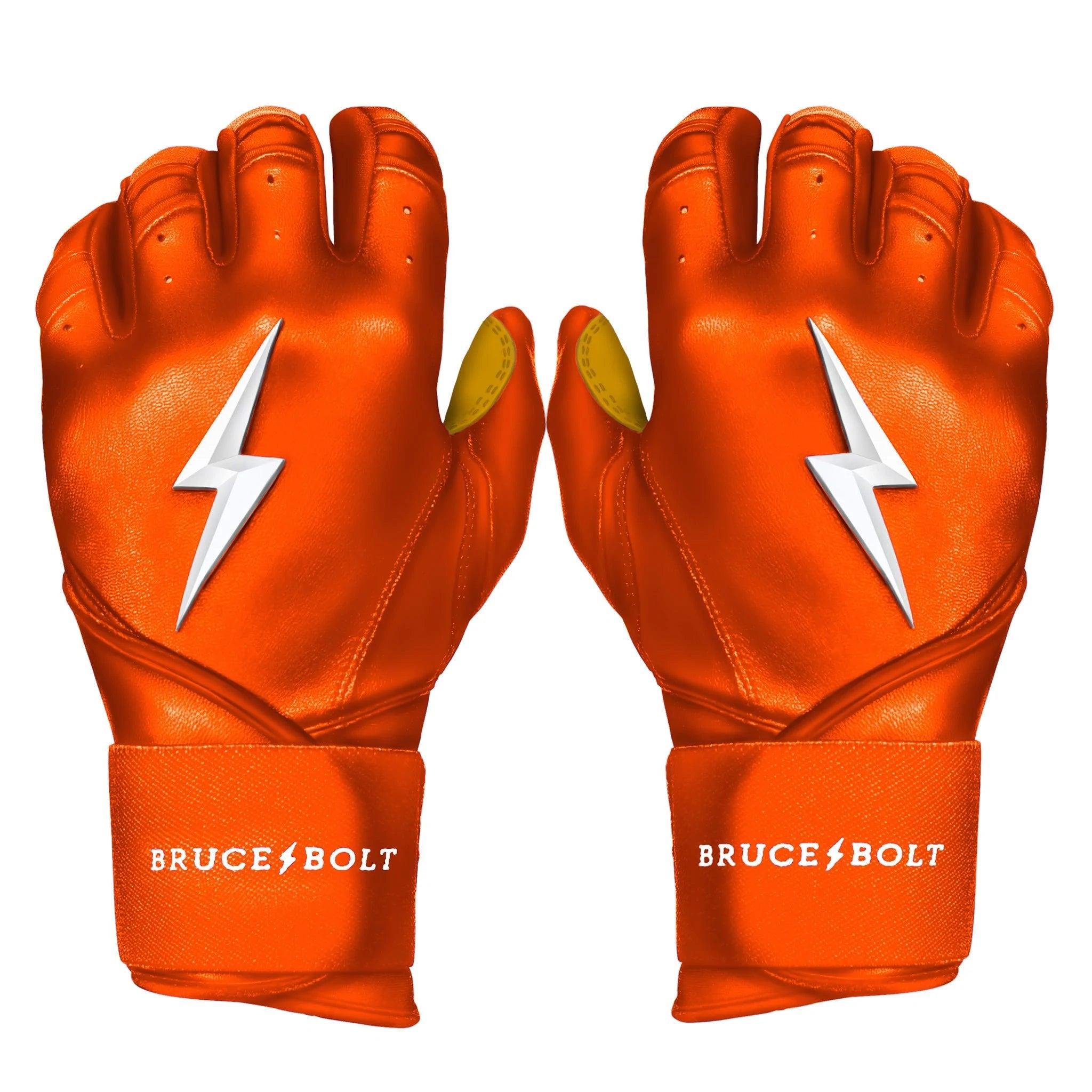 Bruce Bolt PREMIUM PRO Long Cuff Batting Gloves - Orange | High-Performance Baseball & Softball Gloves for Hitting & Training | Perfect for Games, Practice & Batting Cages