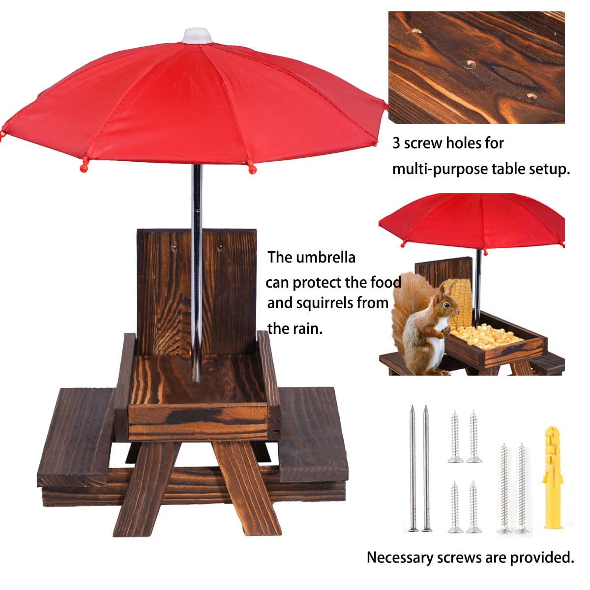 Premium Squirrel Feeder Picnic Table with Umbrella & Corn Holder - Outdoor Wildlife Feeding Station for Squirrels & Chipmunks - Perfect Garden Decor & Unique Gift for Animal Lovers - Ideal for Backyards, Parks & Nature Watching