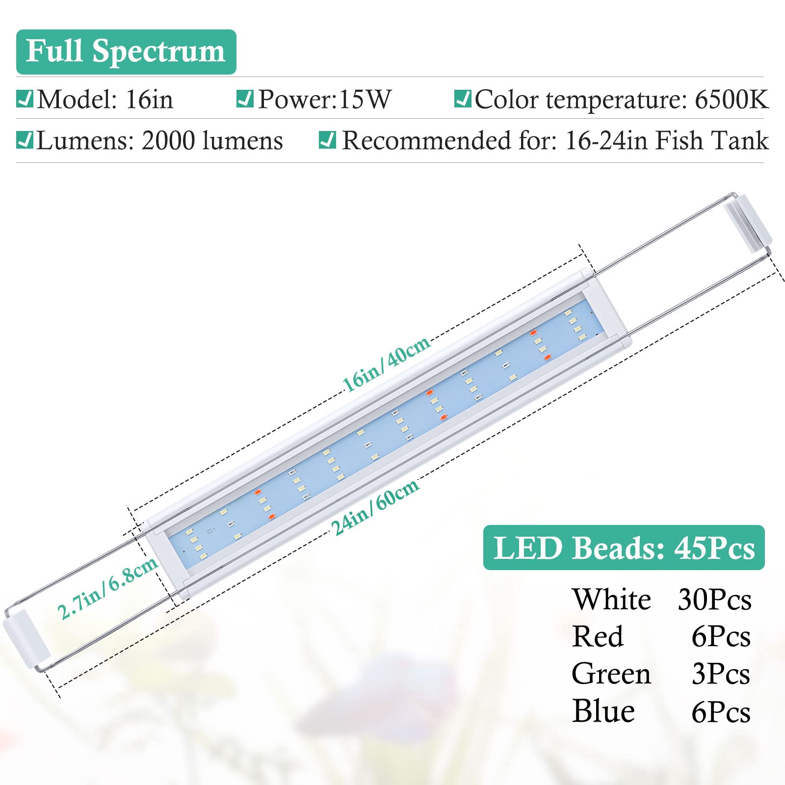 HITOP Full Spectrum LED Aquarium Light for 16-24 Inch Fish Tanks - Adjustable Timer & Extendable Brackets - Ideal for Freshwater Plants and Coral Reefs - Perfect for Home Aquariums and Office Decor