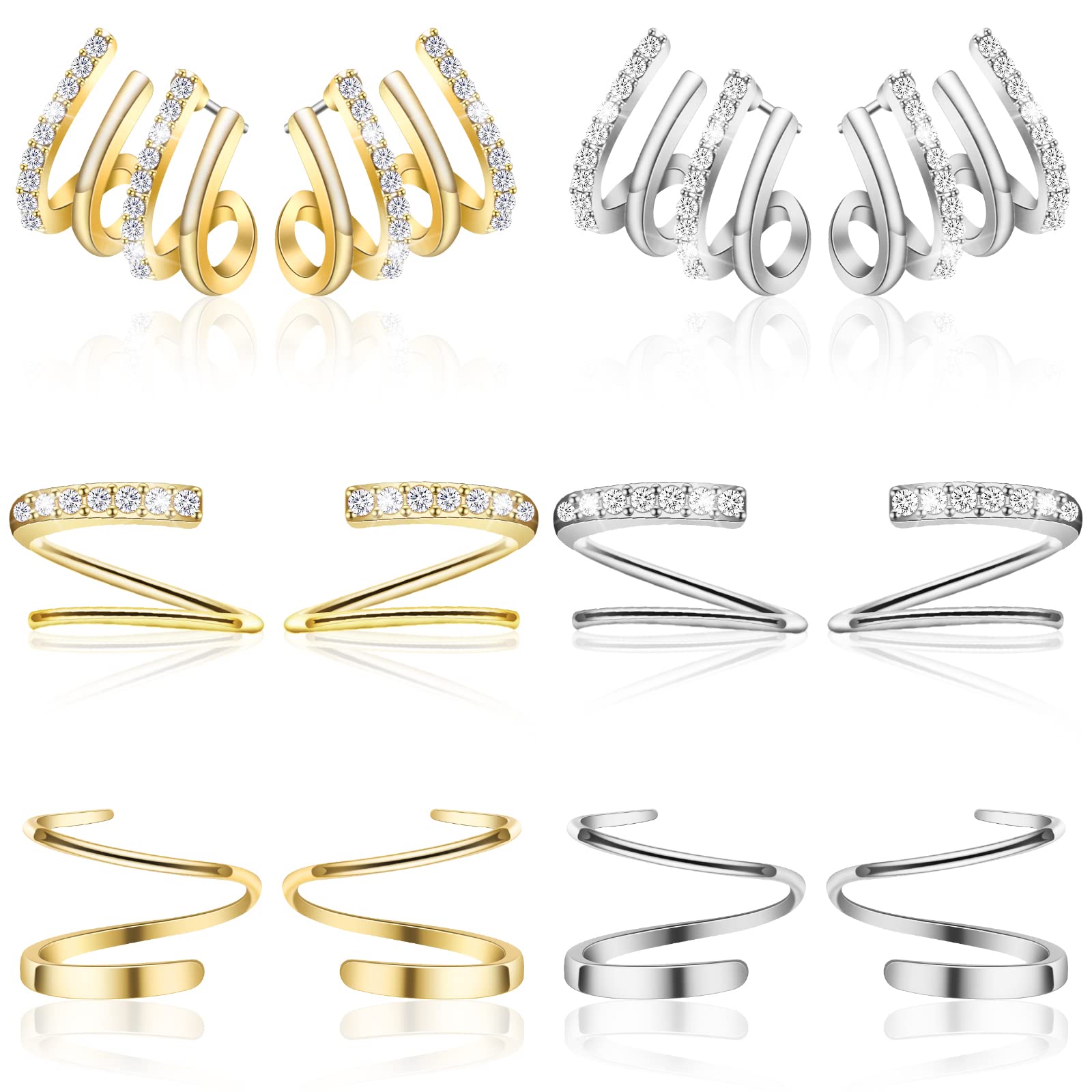 14K Gold Plated Claw Cuff Earrings for Women - 6 Pair Piercing Earrings Set with Needle Studs & Minimalist Hoops - Trendy Ear Cuffs for Women, Girls & Teens - Perfect for Parties, Dating & Everyday Wear