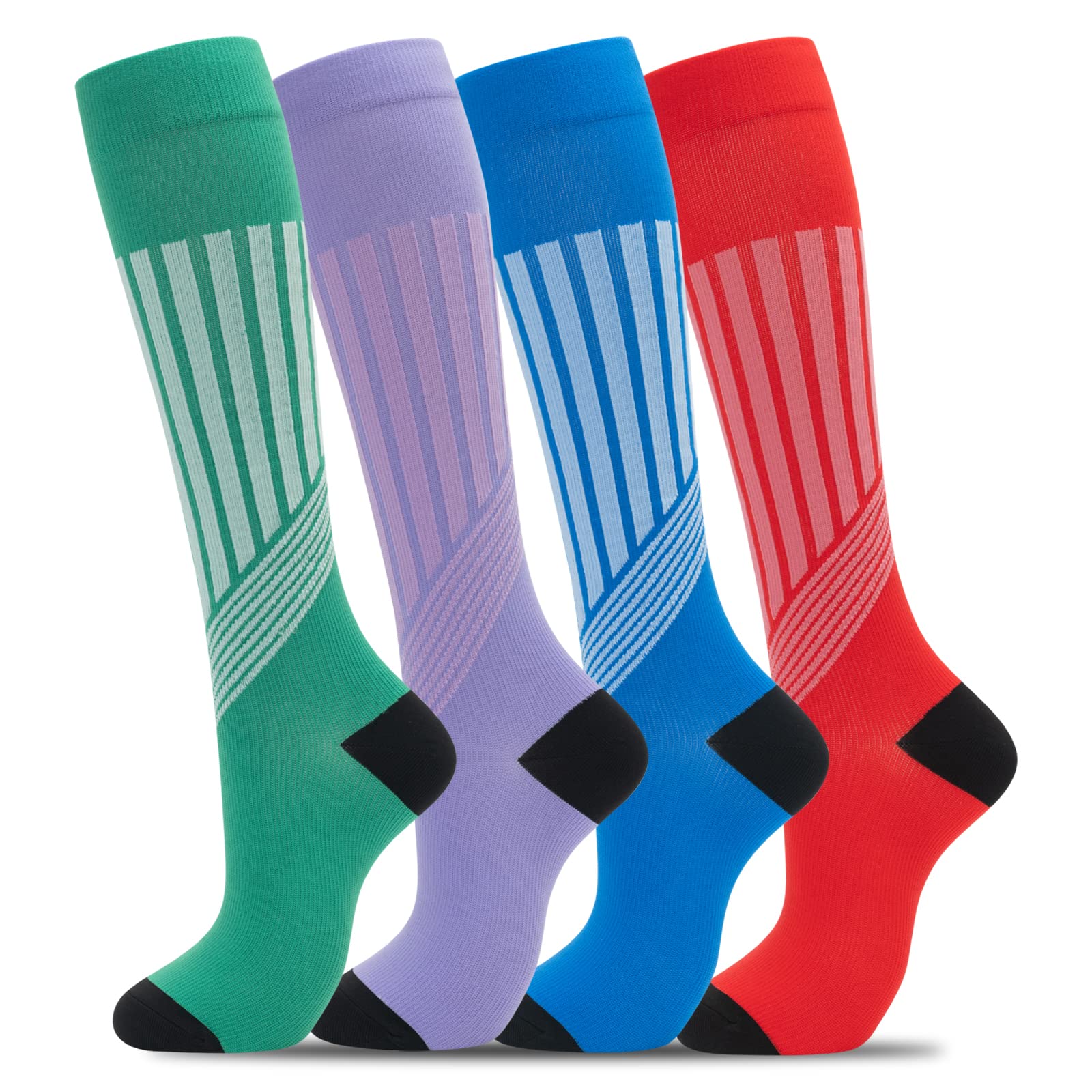 4 Pairs Compression Socks for Women & Men - Medical Grade Knee High Support Socks for Nurses, Running, Travel & Pregnancy - Cute Athletic Design for All-Day Comfort (Workout, Hospital, Flight, Daily Use)