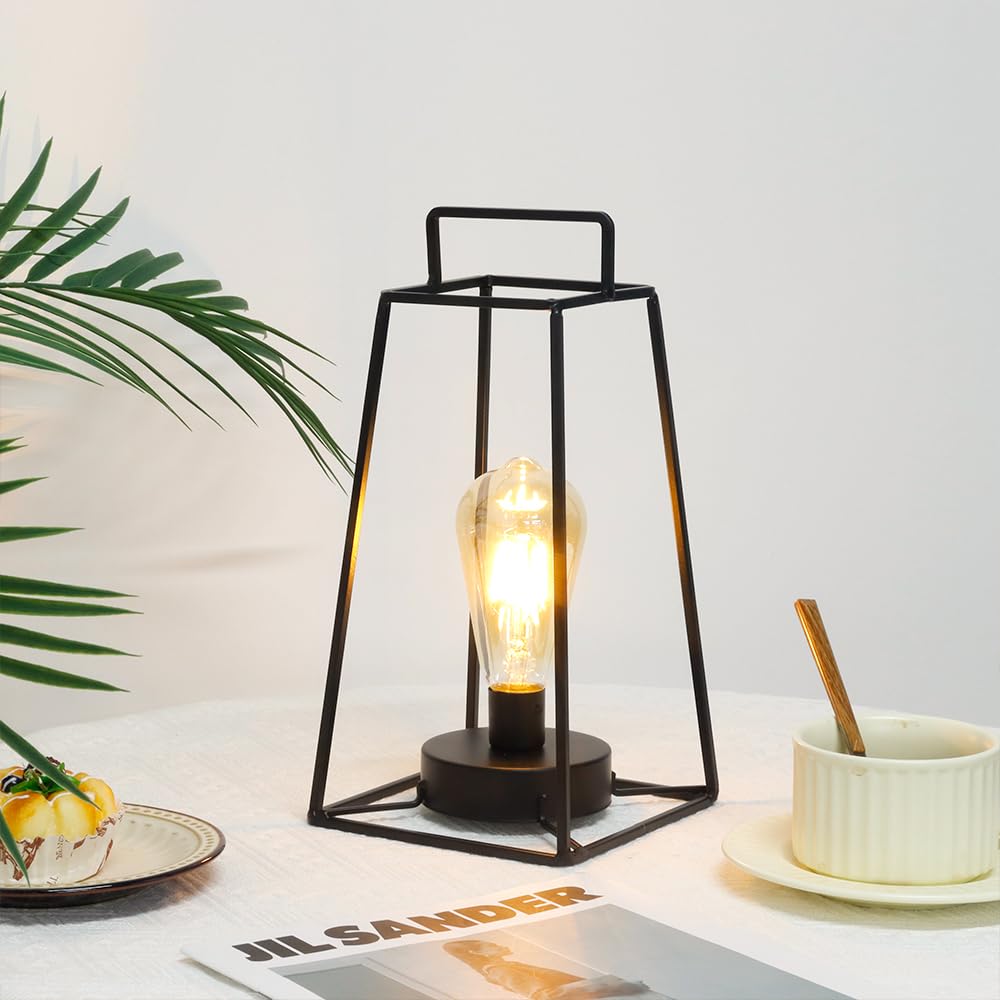 JHY DESIGN Retro Geometric Table Lamp 12''H - Wireless Battery Operated Iron Cage Lamp with 6-Hour Timer - Perfect for Balcony, Wedding, Parties, Indoor & Outdoor Decor (Tall, Black)