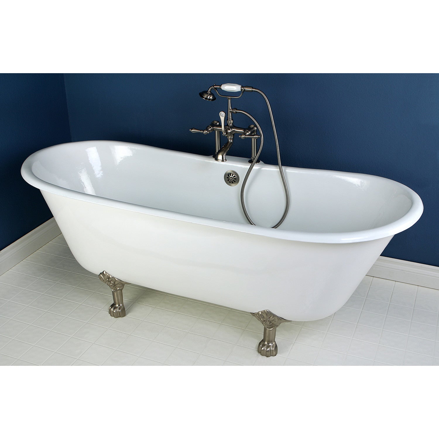 Aqua Eden 67 Inch White Cast Iron Oval Double Slipper Clawfoot Bathtub with Brushed Nickel Faucet Drillings - Vintage Freestanding Soaking Tub for Luxury Bathroom & Spa Relaxation