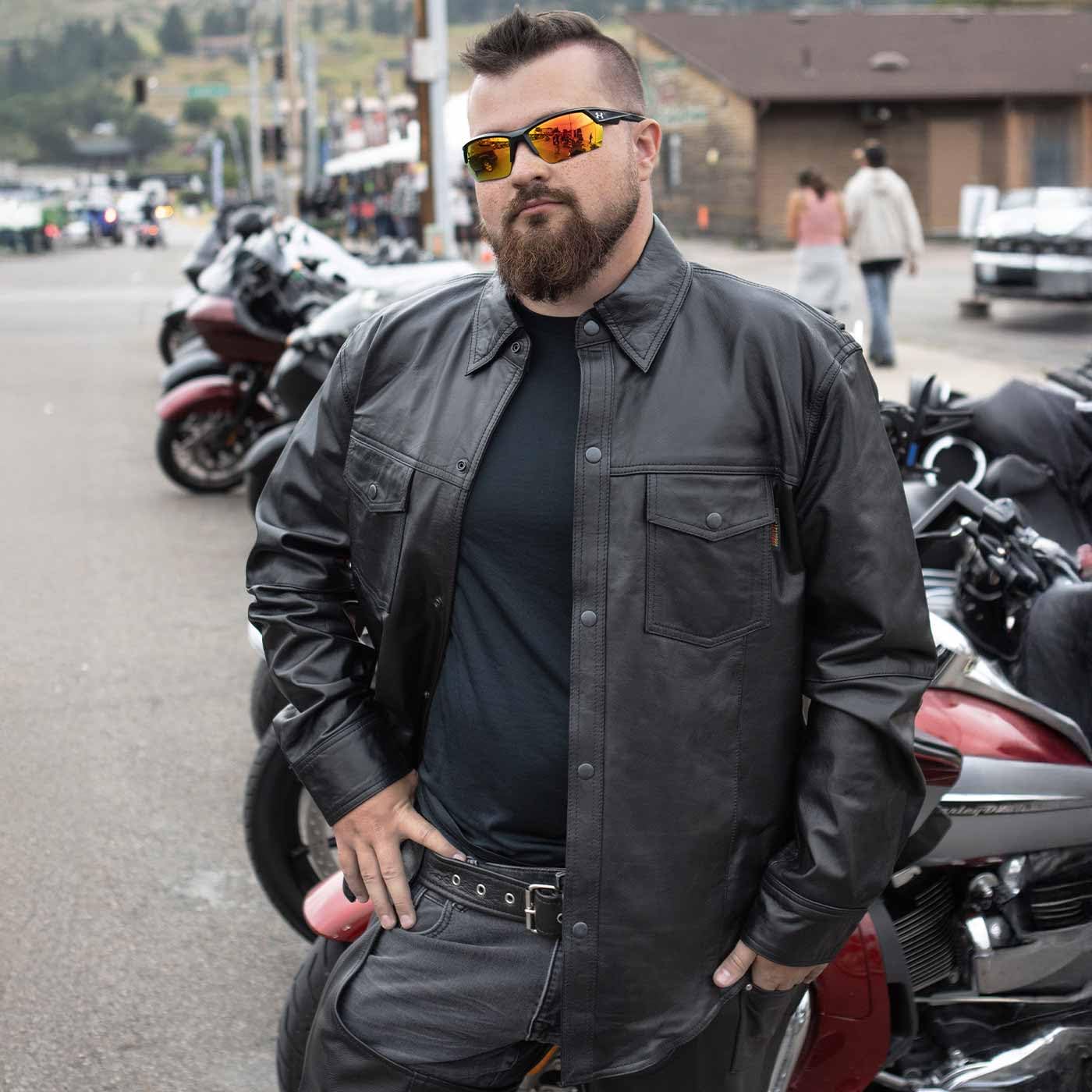 Milwaukee LKM1600 Men's Lightweight Biker Leather Shirt - Black Motorcycle Jacket for Casual Riding & Outdoor Adventures