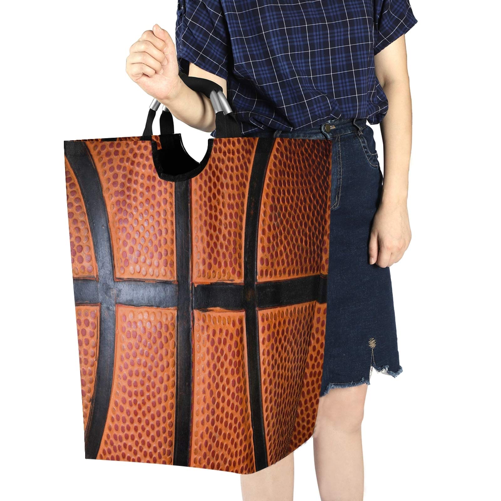 Foldable Waterproof Laundry Hamper Basket with Handles - Basketball Texture Orange Dirty Clothes Bag, Toy Storage Bin for Bathroom, Bedroom & Kids Room - Perfect for Sports Lovers & Home Organization
