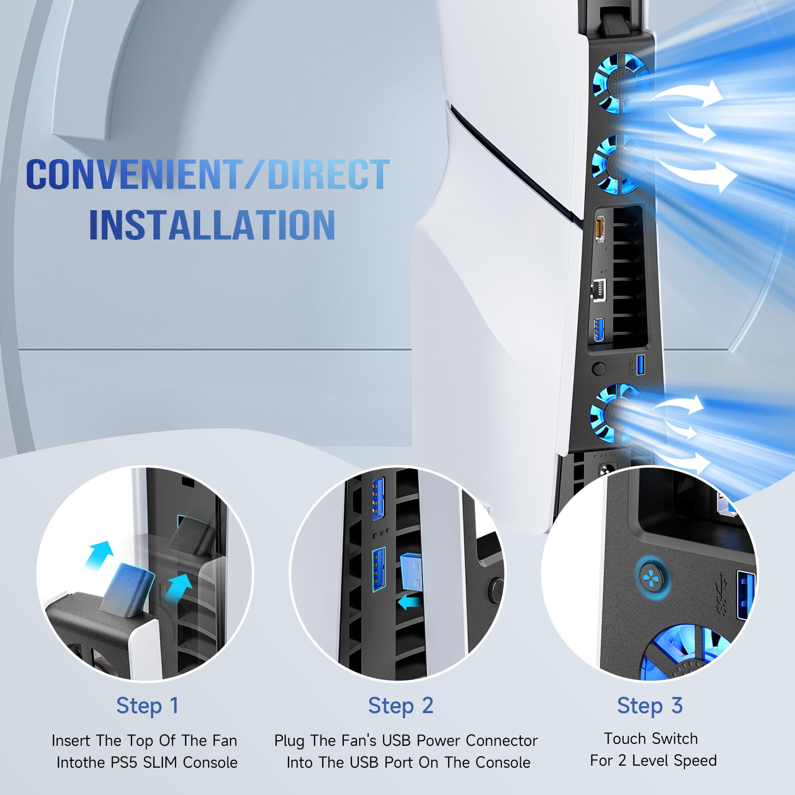 BRHE PS5 Slim Cooling Fan - Ultra Quiet Cooling System with 3 Fans & USB 3.0 Port for PS5 Slim Digital/Disc Edition - LED Light Gaming Cooler Accessories (Not Compatible with PS5 2020/PS5 Pro) - Perfect for Long Gaming Sessions & Overheating Protection
