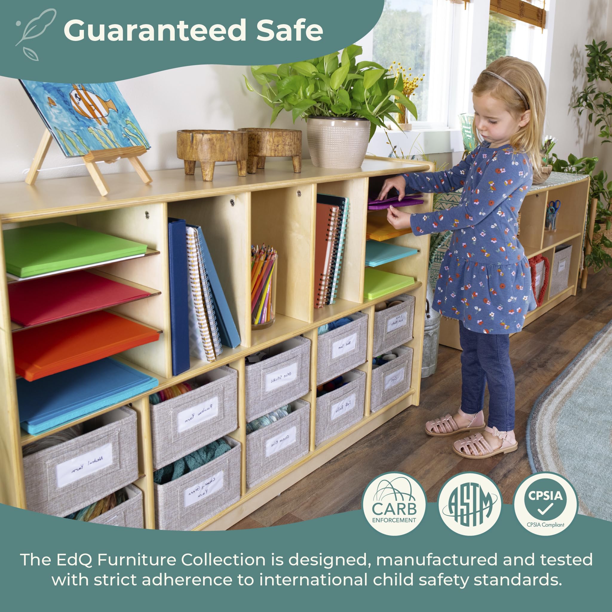Guidecraft EdQ Shelves and 10 Bin Storage Unit - Natural Wood Cube Organizer for Kids Toys, Books & Classroom Supplies | Multi-Functional Storage Cabinet for Home, School & Office | Perfect for Playroom, Nursery & Teacher's Classroom Organization