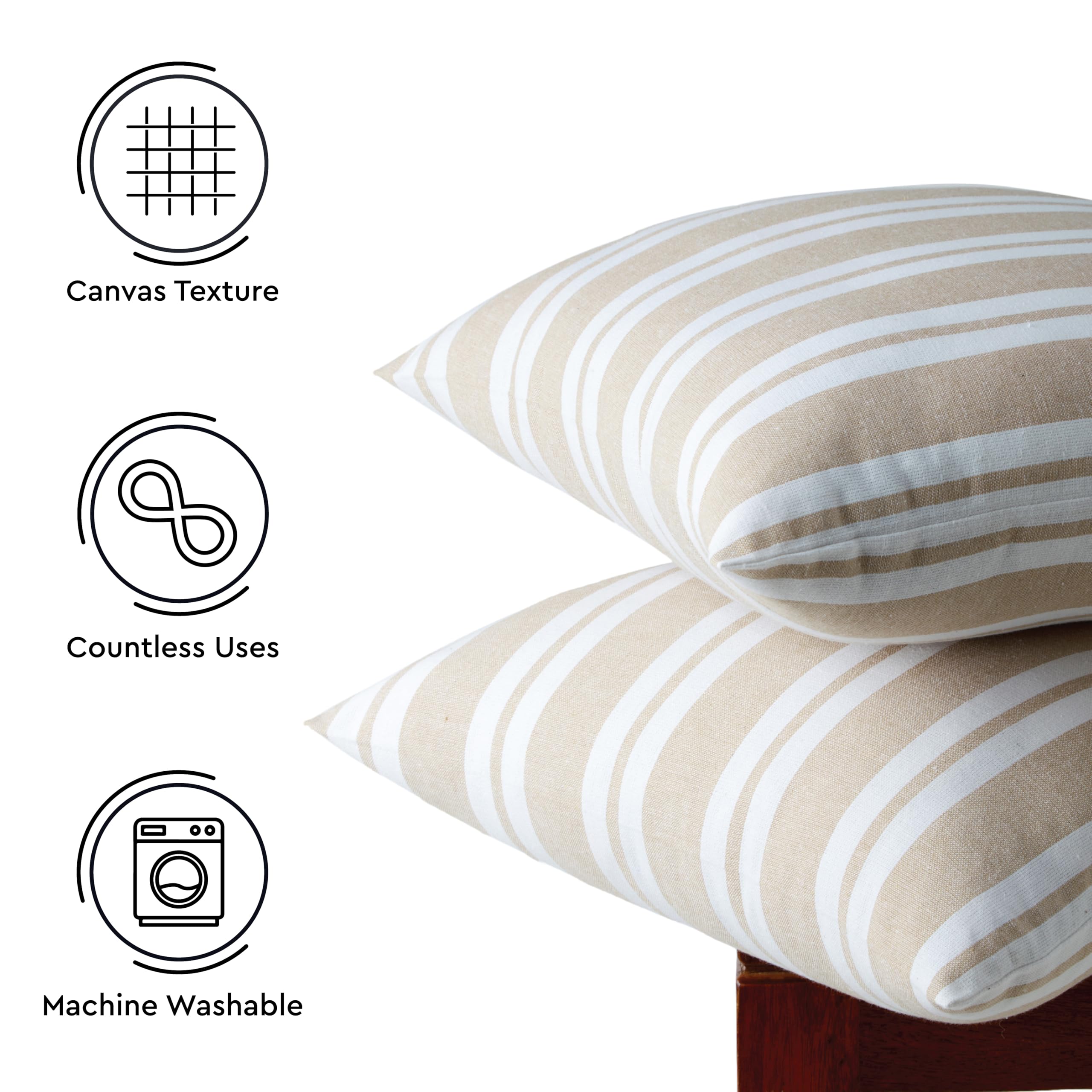 Encasa XO Farmhouse Throw Pillow Covers Set of 2 - 18x18 Inch Franca Beige Stripes & Plaid | Decorative Cushion Covers No Inserts | Living Room, Couch, Bedroom & Home Decor Accent Pillows