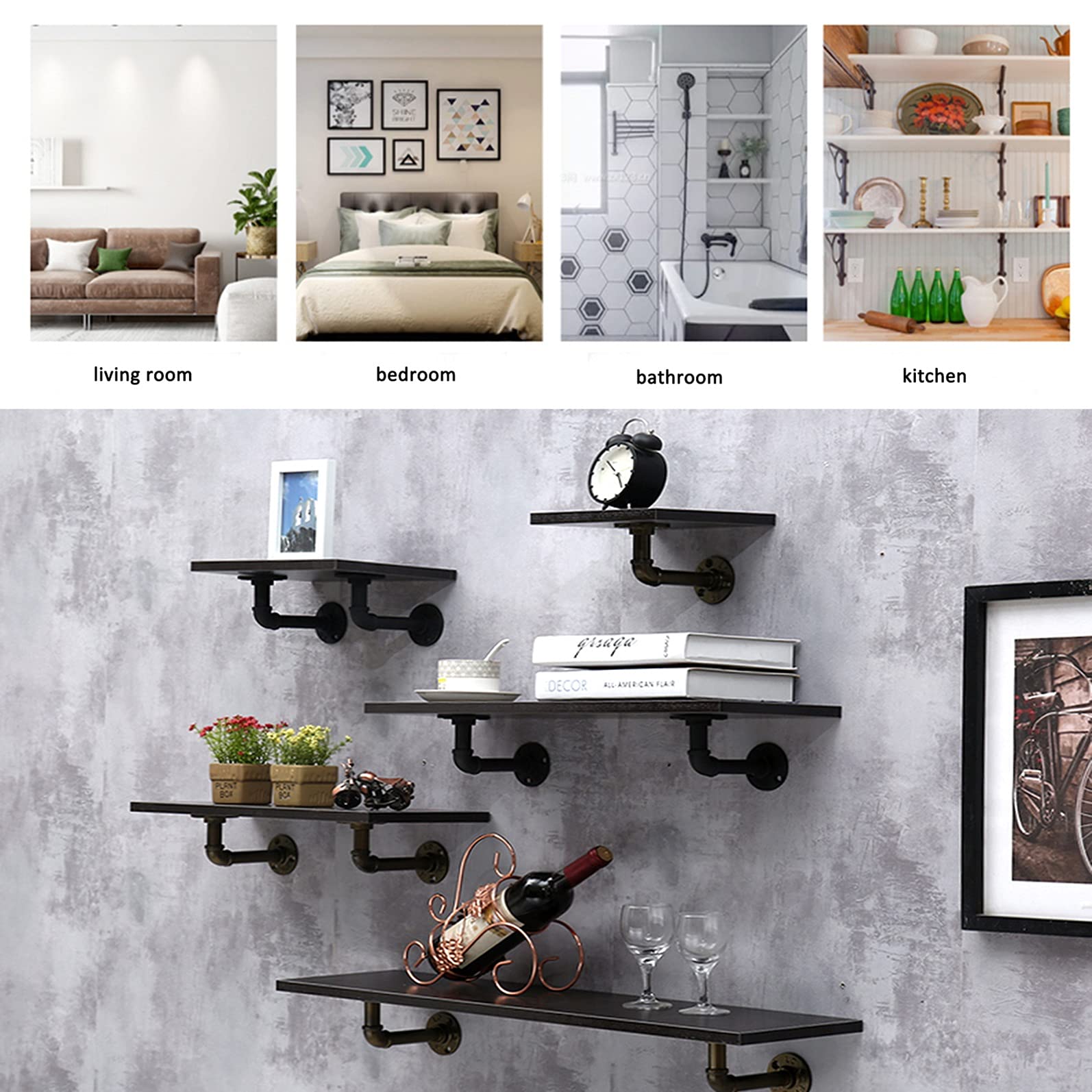 **Industrial Floating Shelf - 80cm Rustic Wood & Wrought Iron Pipe Wall-Mounted Shelf for Books, Decor & Storage | Perfect for Living Room, Bedroom & Office Organization**