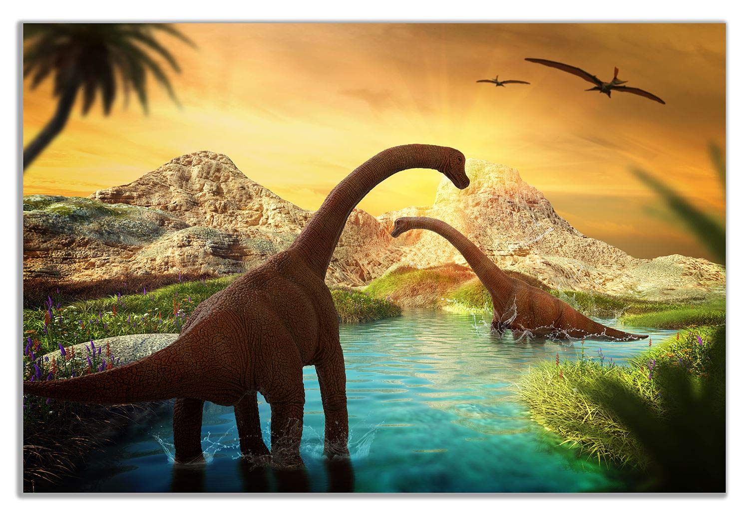 Dinosaur Landscape Canvas Wall Art Print - 36x24 Inches, Prehistoric Jurassic Scene, Home & Office Decor, Perfect for Living Room, Bedroom, or Dinosaur Theme Nursery