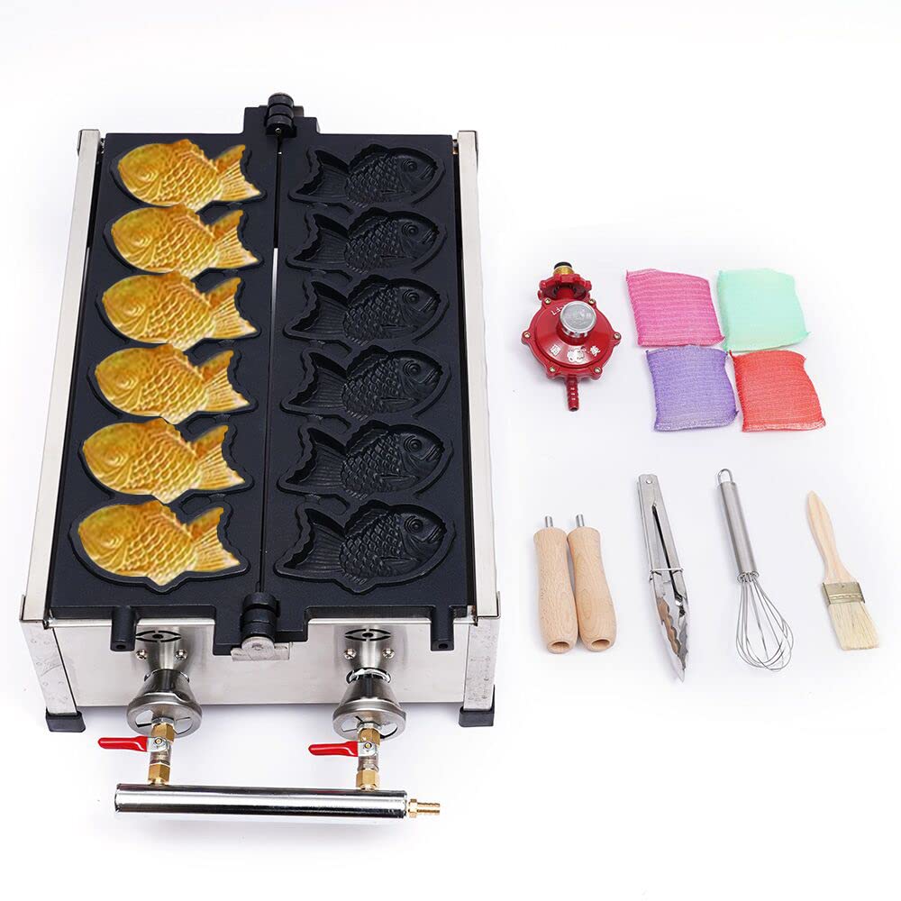 Commercial Japanese Taiyaki Maker Machine - 6 PCS Nonstick Stainless Steel Fish-Shaped Waffle Cone Baker for Ice Cream, Desserts & Street Food - Perfect for Restaurants, Cafes, and Home Use