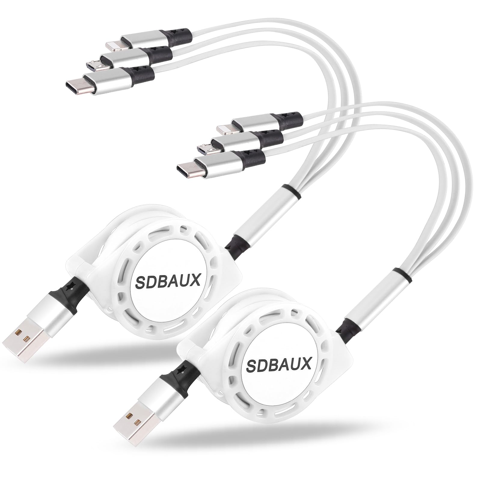 SDBAUX 2-Pack Retractable 3-in-1 USB Charger Cable (4ft) - Type C/Micro USB/Lightning Compatible with iPhone, Samsung, iPad & More - Fast Charging for Home, Office & Travel (White)