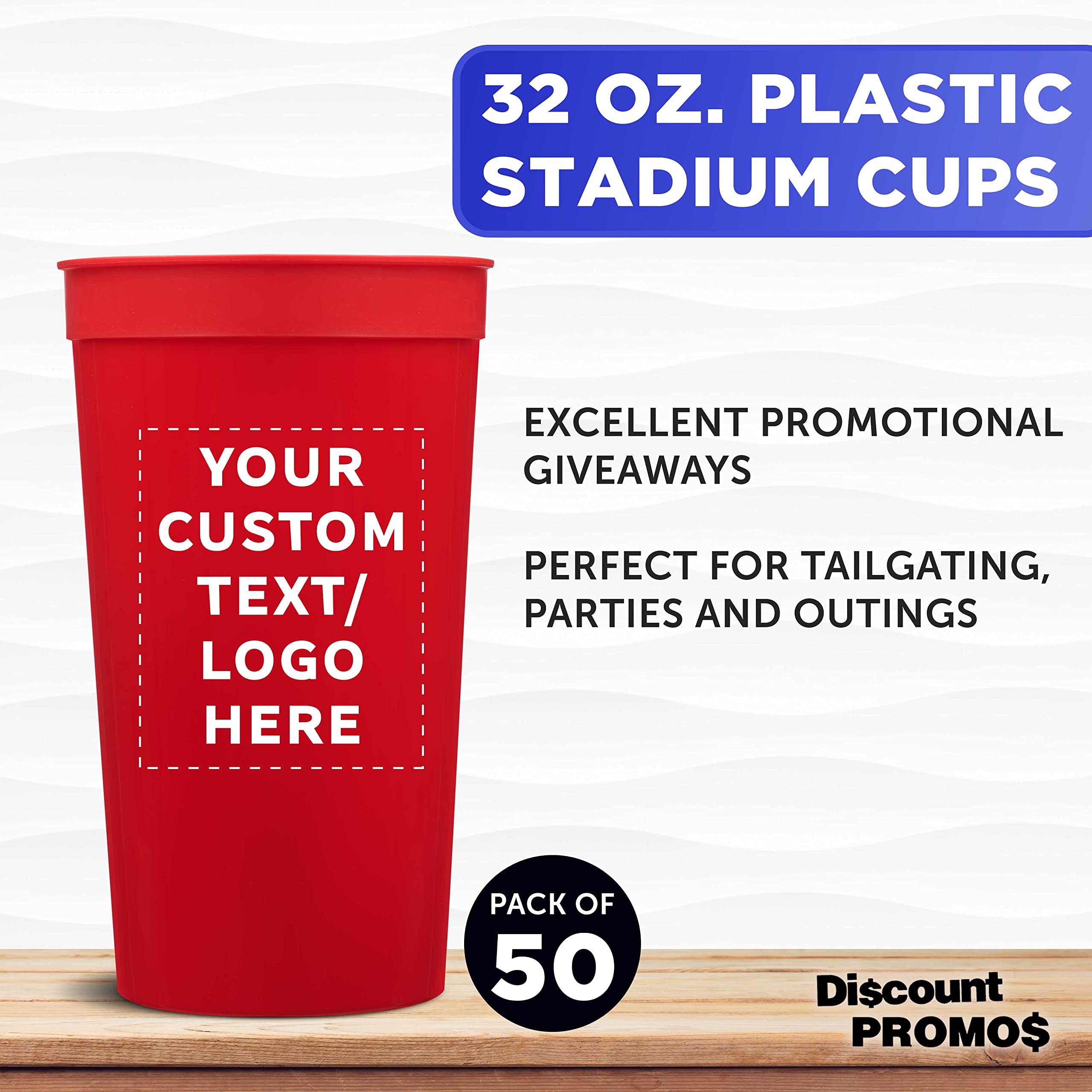 Custom 32 oz Plastic Stadium Cups - Bulk Pack of 50 Personalized Cups for Sports Events, Parties, Beach Picnics & Summer Celebrations - Durable Red Drinkware for Tailgating, BBQs, and Outdoor Gatherings