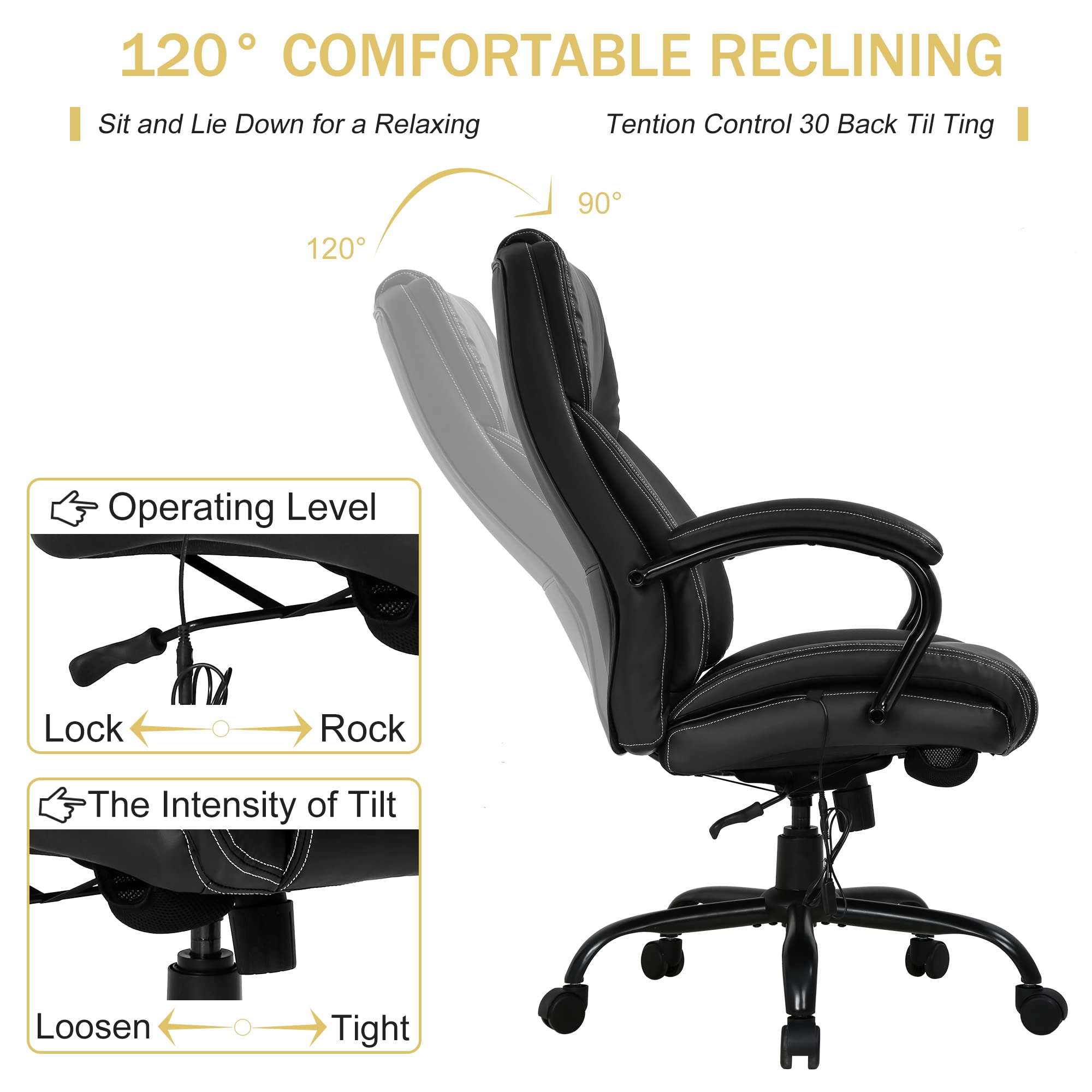 Ergonomic Office Desk Chair 500lbs Capacity - Big and Tall High Back Computer Chair with Adjustable Lumbar Support & Massage - PU Leather Executive Swivel Rolling Task Chair for Home Office (Black) - Perfect for Long Work Hours & Gaming Sessions