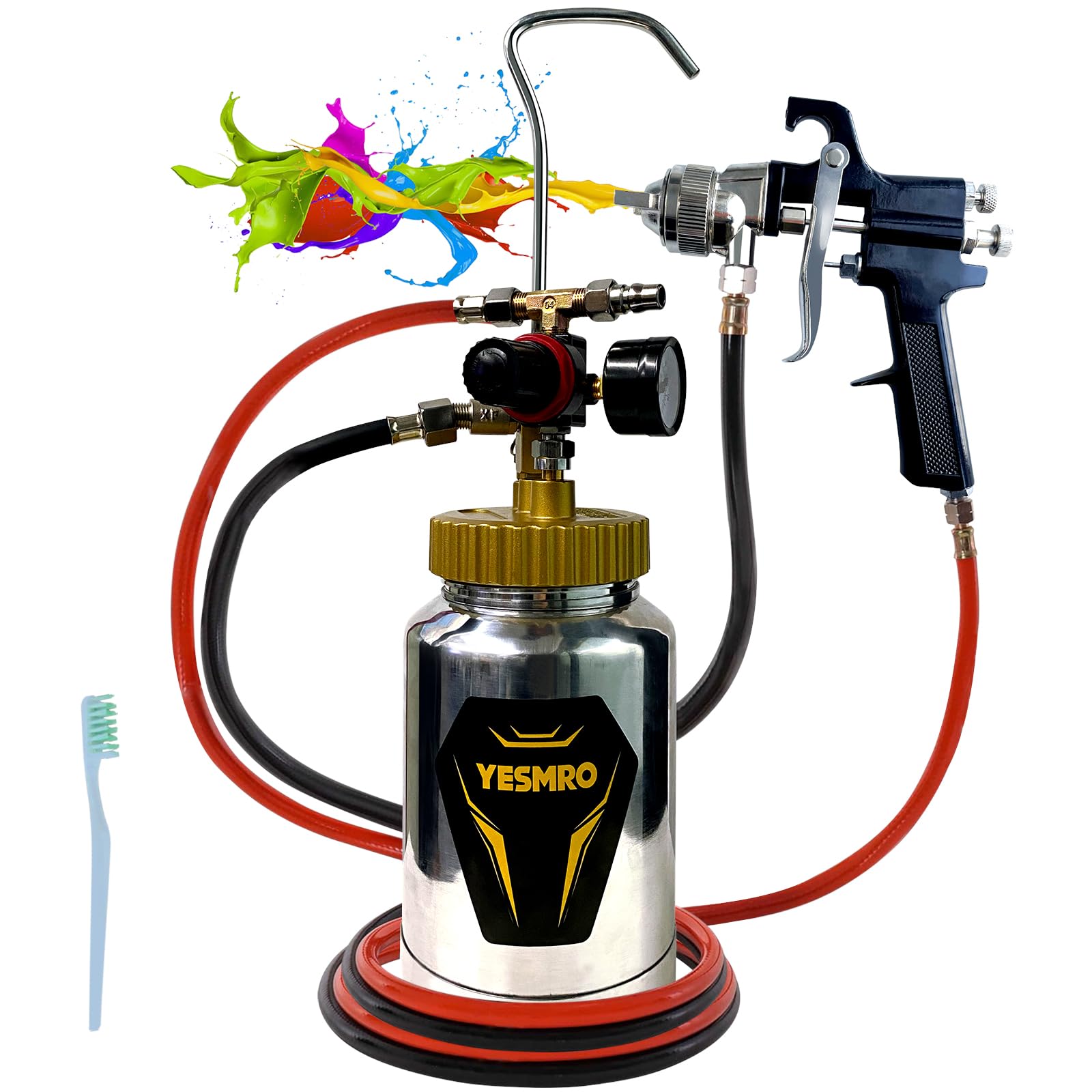2L Pressure Pot Spray Gun for House Painting - 2mm Nozzle Primer Gun with 10FT Air Hose, 45PSI Max - Perfect for Architectural, Construction & Automotive Painting Projects
