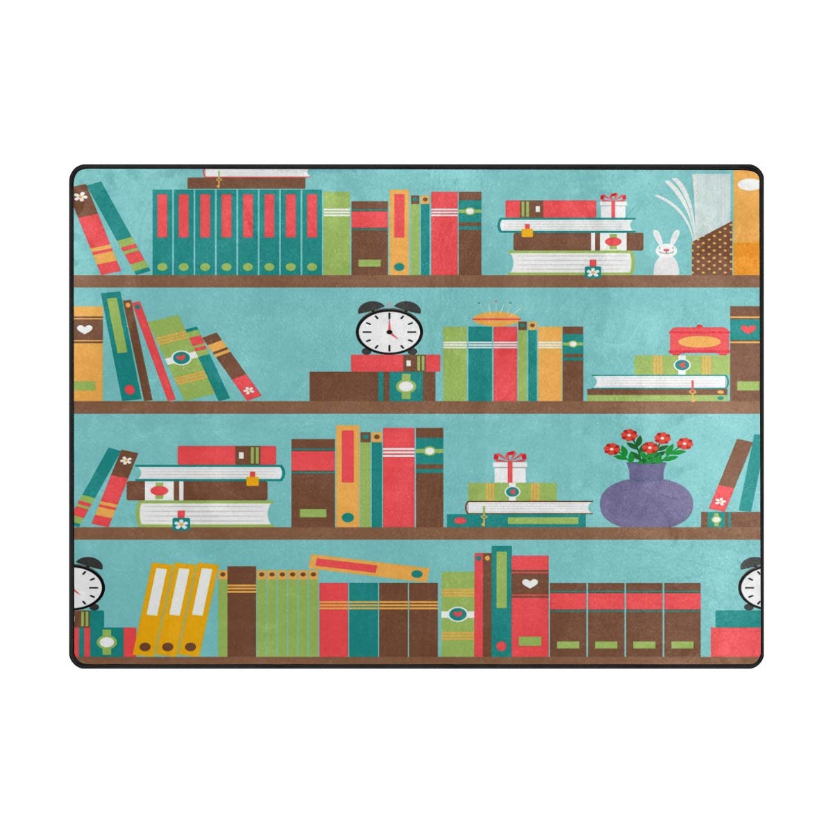 ALAZA Cartoon Stylish Bookshelf Bookworm Area Rug - 7' x 5' Non-Slip Living Room & Bedroom Rug - Perfect for Kids Room, Nursery, and Reading Nook Decor