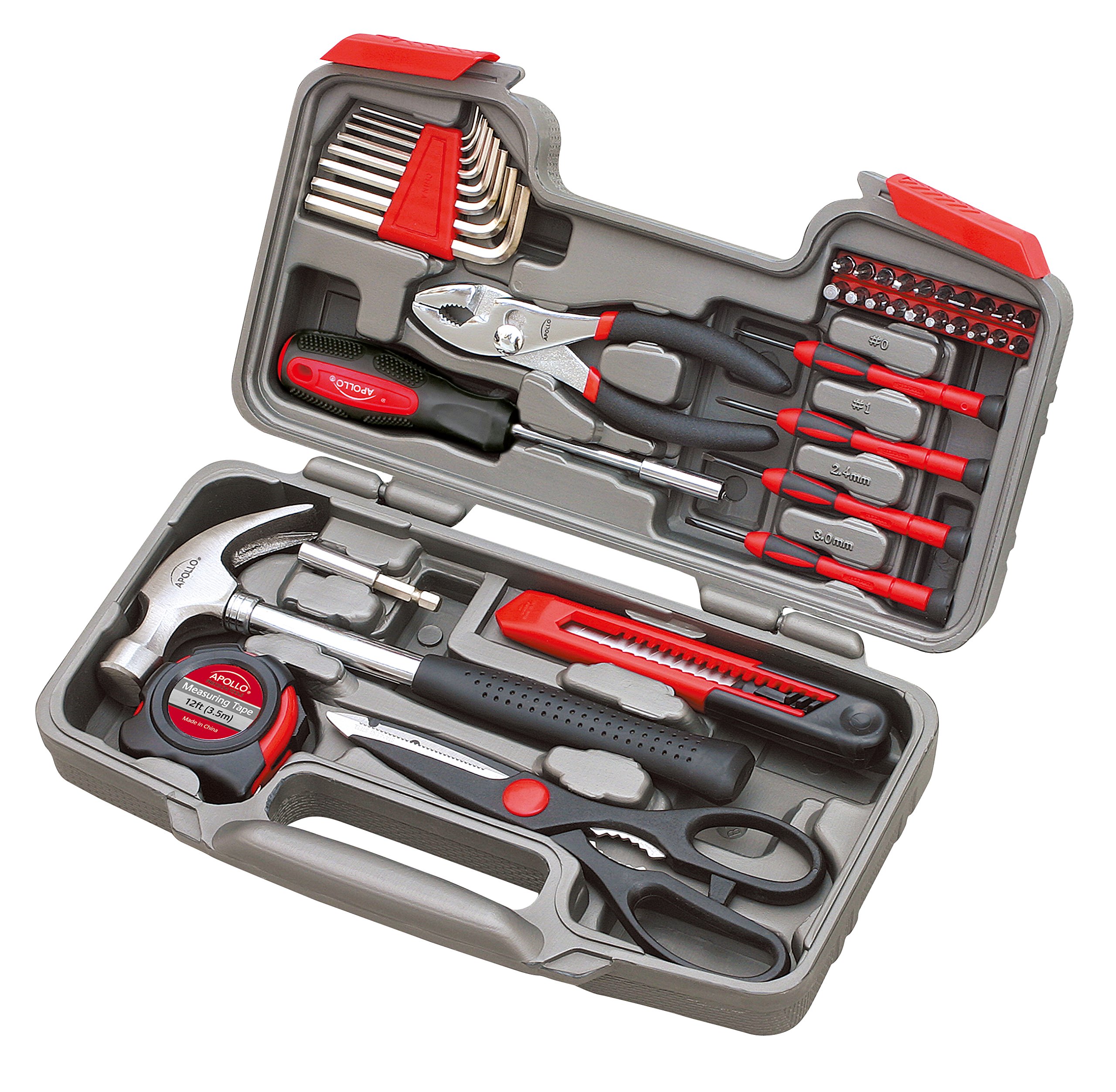 Apollo Tools DT9706 39-Piece General Repair Hand Tool Set with Durable Toolbox Storage Case - Perfect for Home Repairs, DIY Projects, and Automotive Maintenance (Red)