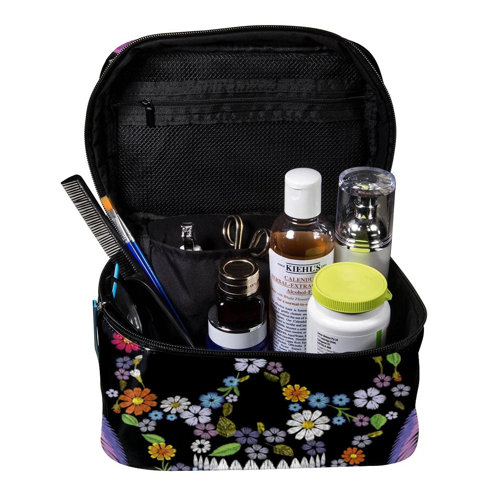 **Sugar Skull Floral Wing Travel Makeup Bag – Large Cosmetic Organizer with Zipper, Toiletry Bag for Women & Girls – Perfect for Travel, Gym, and Daily Use**
