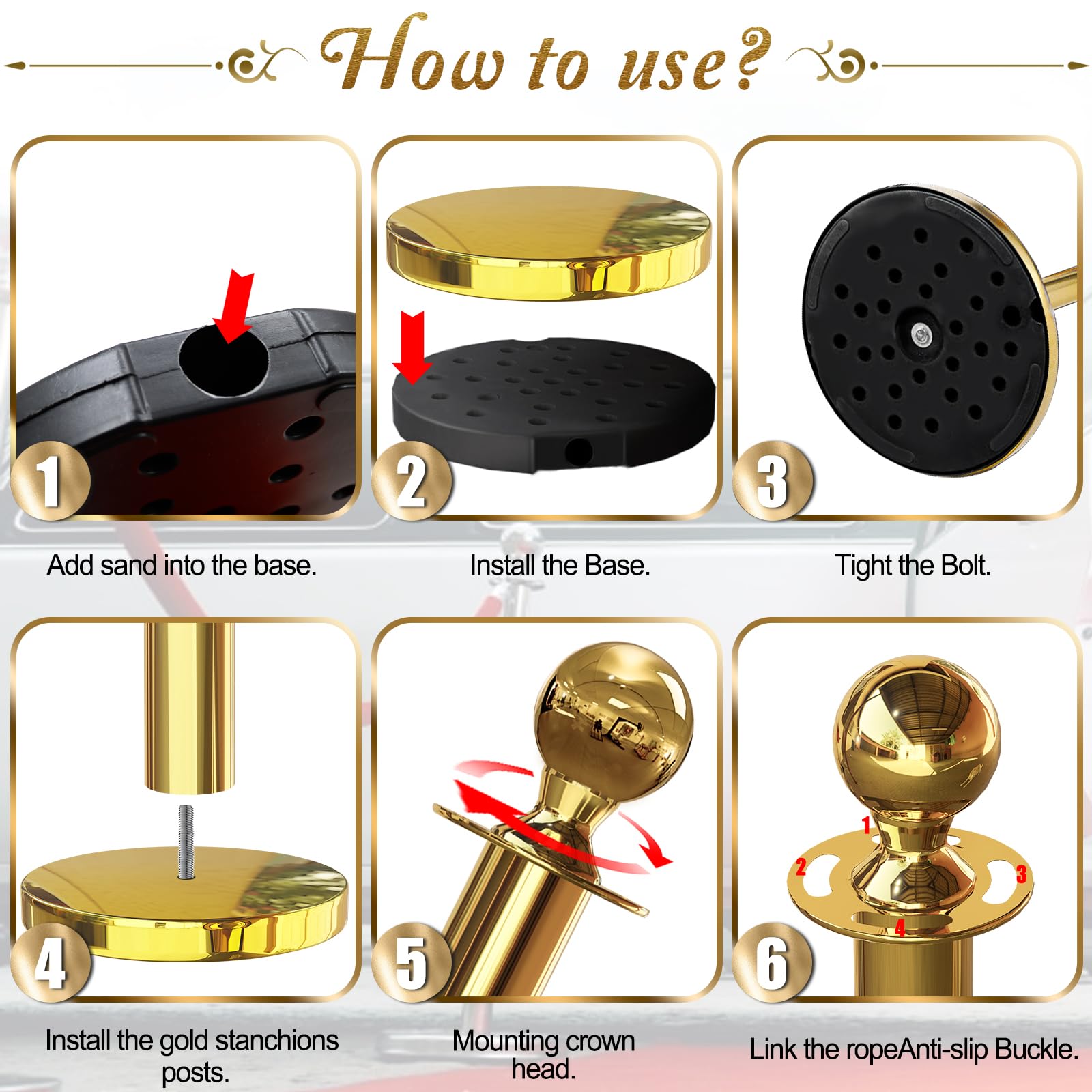 6-Piece Gold Stanchion Posts with 4-Piece 5 ft Red Velvet Rope - Premium Crowd Control Barrier Set for Events, Parties & VIP Areas | Red Carpet Poles for Weddings, Concerts & Corporate Functions