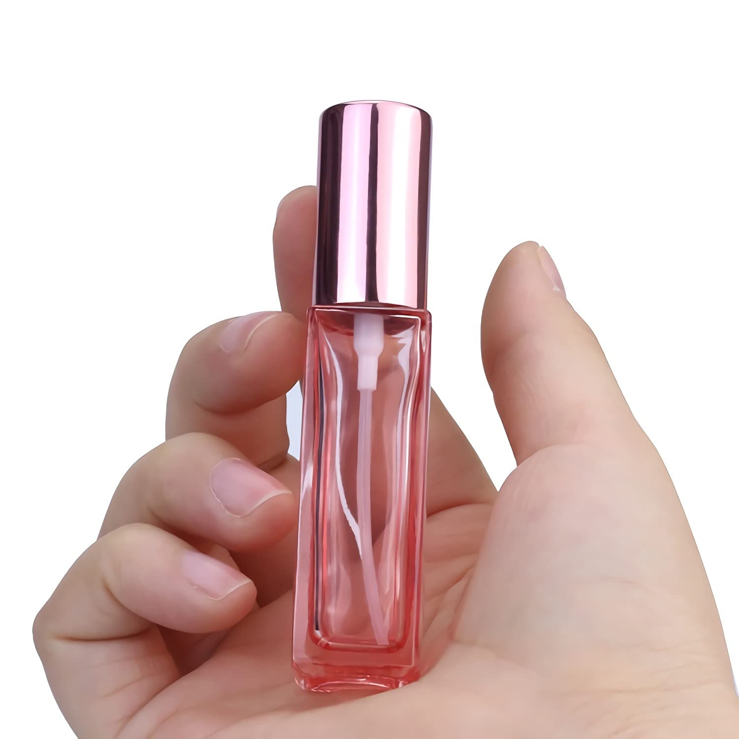 4 Pack Pink 30ml Travel Perfume Spray Bottles - Portable Square Glass Atomizer with Pink Lids, Refillable Perfume Container for Women, Perfect for Purse, Gym Bag & Everyday Carry (Fragrance, Essential Oils)