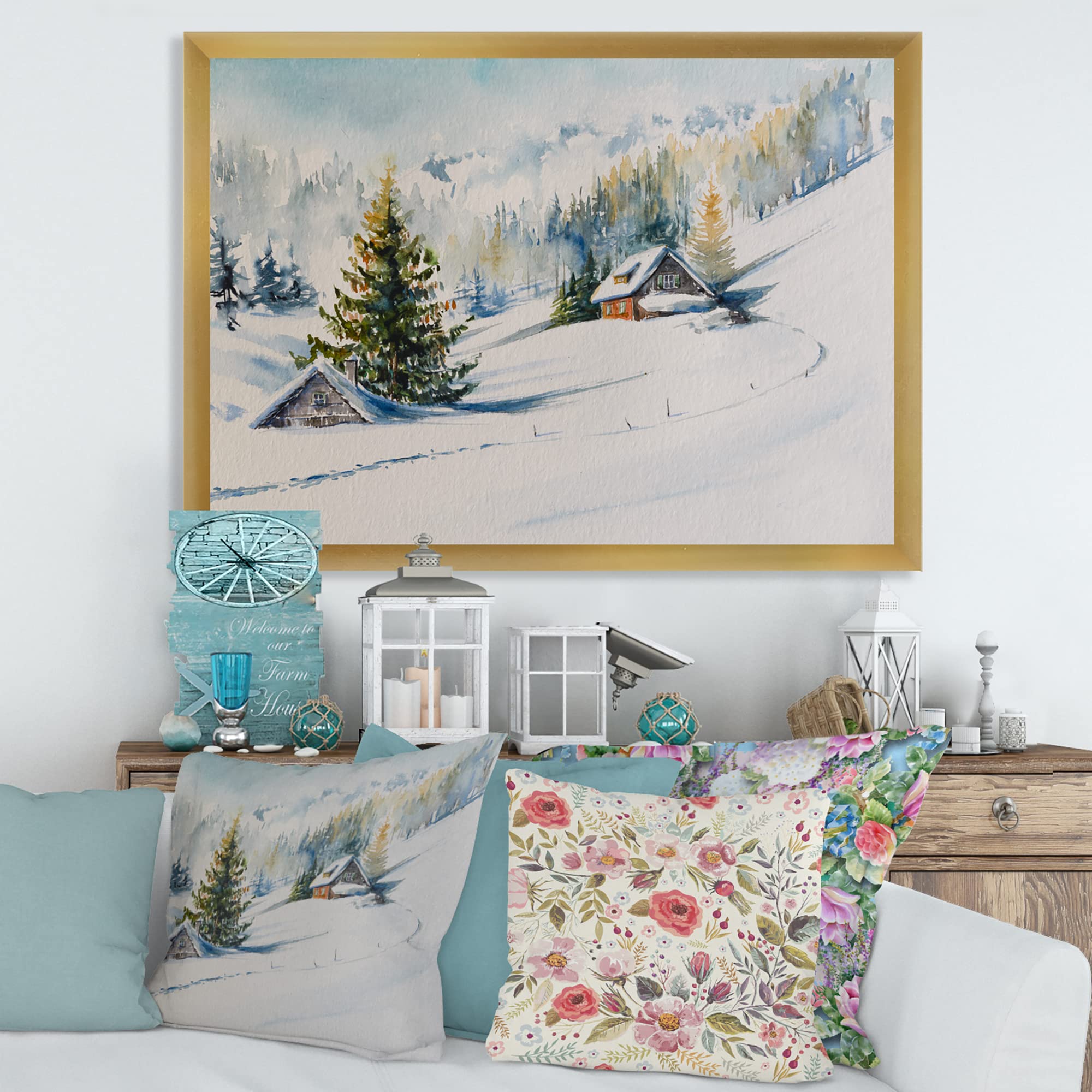 DesignQ Little House In The Winter Mountains Traditional Framed Wall Art - Winter Landscape Painting for Living Room, Bedroom & Office Decor