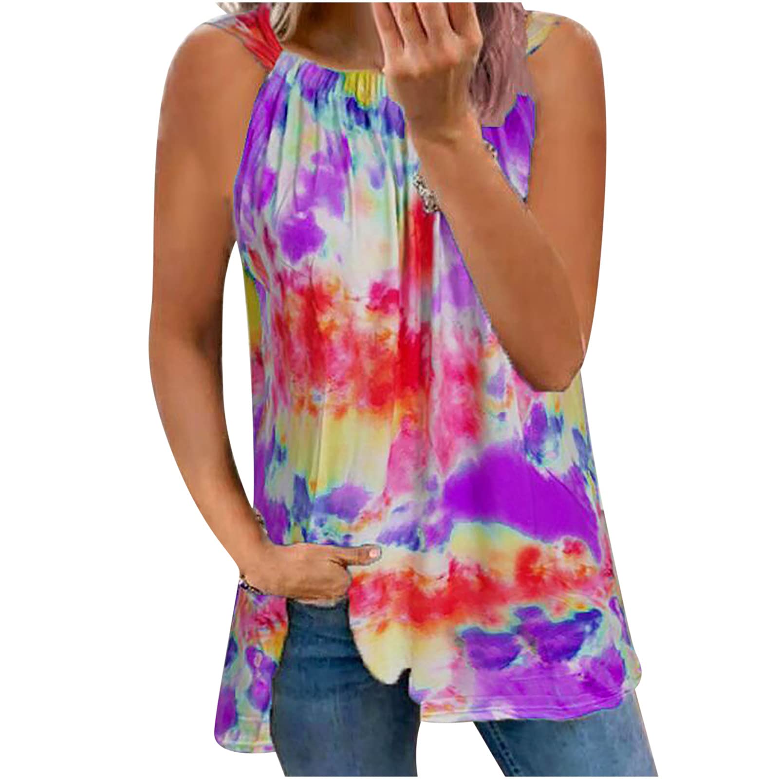 Vintage Tie-Dye Women's Sleeveless Tank Top - Soft Loose Fit O-Neck Summer T-Shirt | Casual Outfits, Beach Wear & Festival Fashion