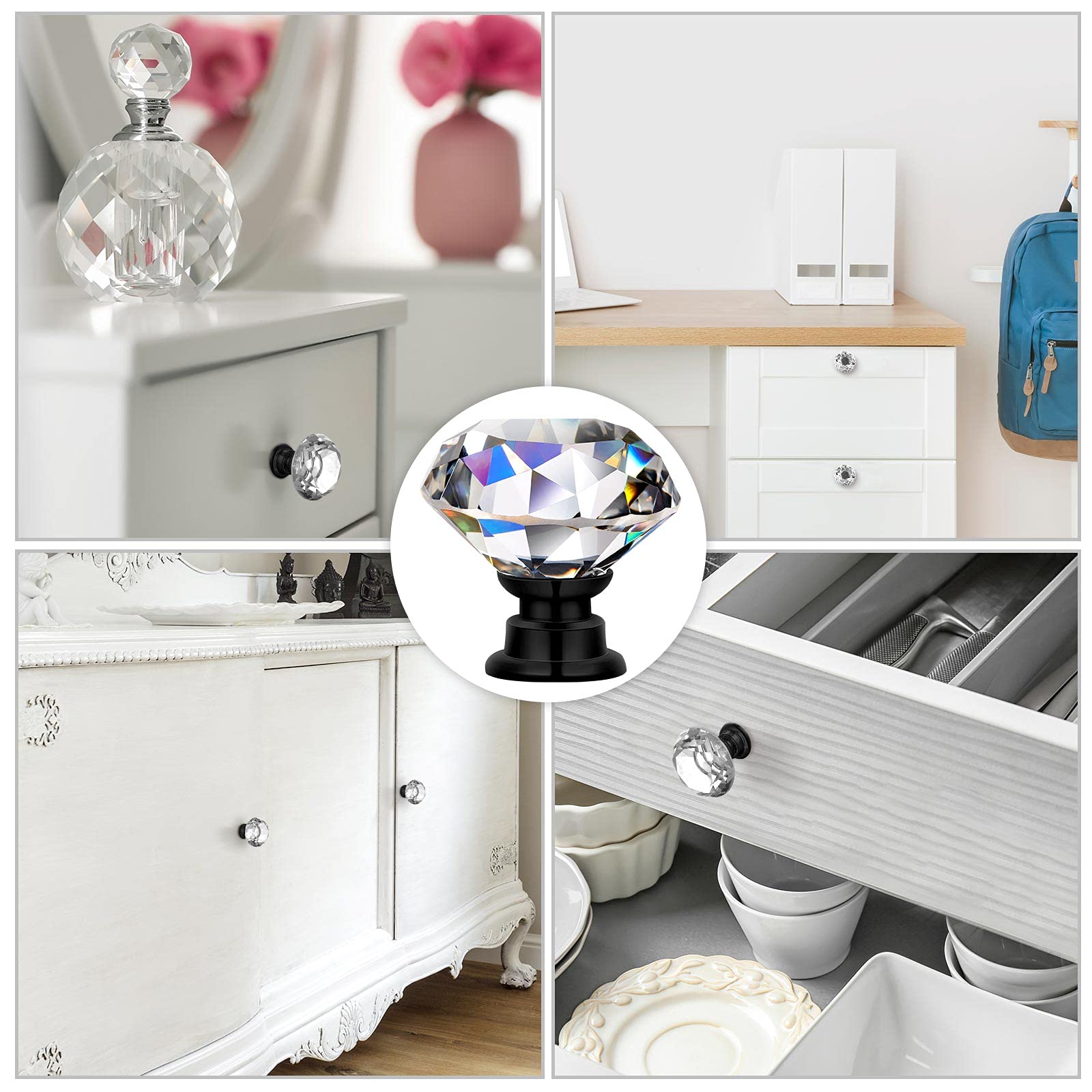30mm Clear Crystal Drawer Knobs - Diamond Glass Cabinet Pulls with Screws for Kitchen, Bathroom, Office Cabinets