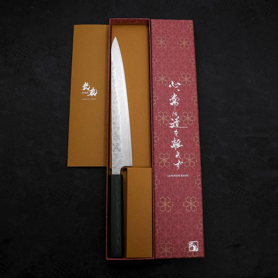 Premium Japanese Sujihiki Knife 240mm - AUS 10 Steel, Nashiji Damascus Pattern with Green Urushi Handle - Perfect for Sushi, Sashimi & Meat Slicing