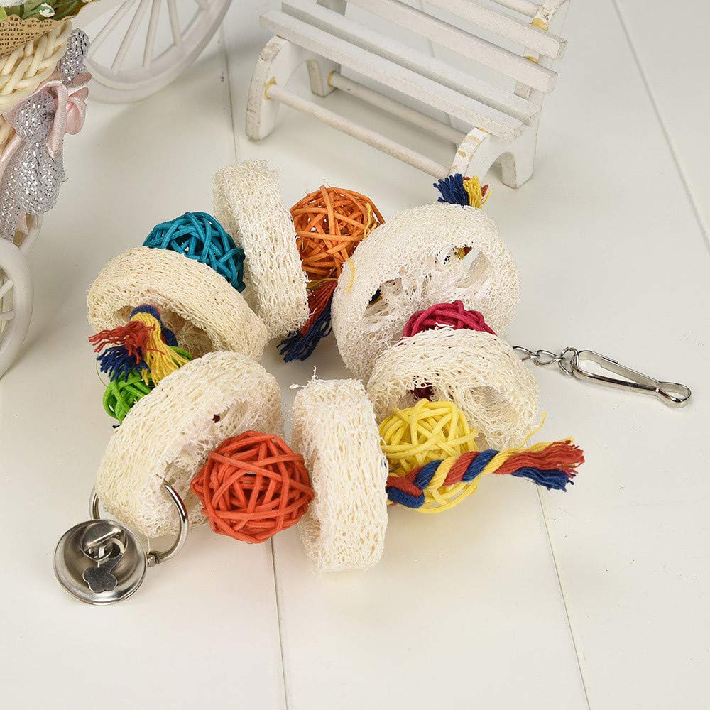Jolincc Parrot Chew Toy - Natural Loofah Biting Sponge Hanging Bird Toy for Parrots, Cockatiels & Pet Birds (Random Color, One Size) - Perfect for Cage Enrichment & Beak Exercise