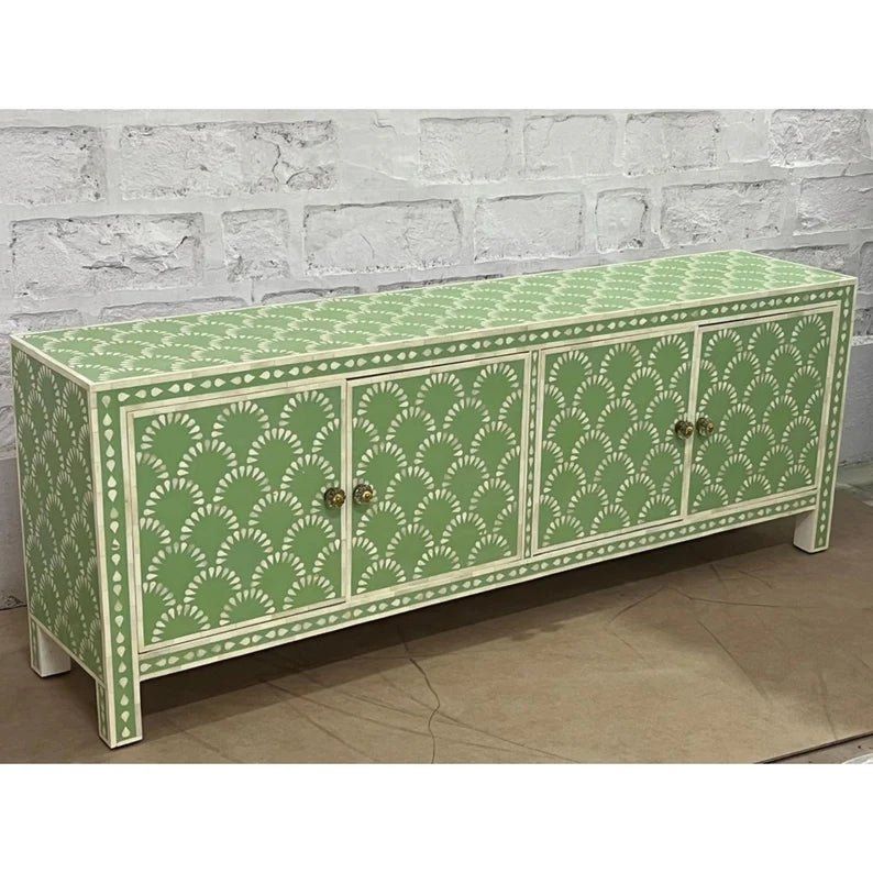Handmade Bone Inlay Sideboard Cabinet - 4 Doors, Sea Green Color | Vintage Boho Style Buffet for Dining Room, Living Room & Entryway Storage