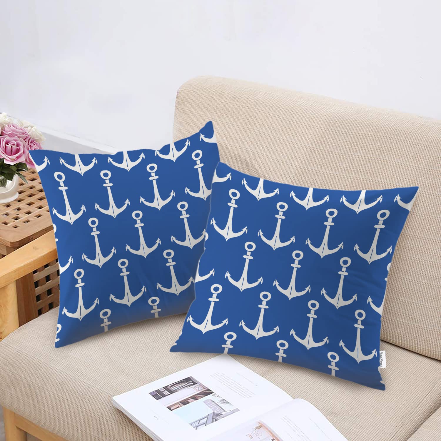 **Blue and White Nautical Decorative Pillow Covers 18x18 Inch - Cotton Square Cushion Covers for Sofa, Bed, or Boat - Coastal Home Decor & Living Room Accents**